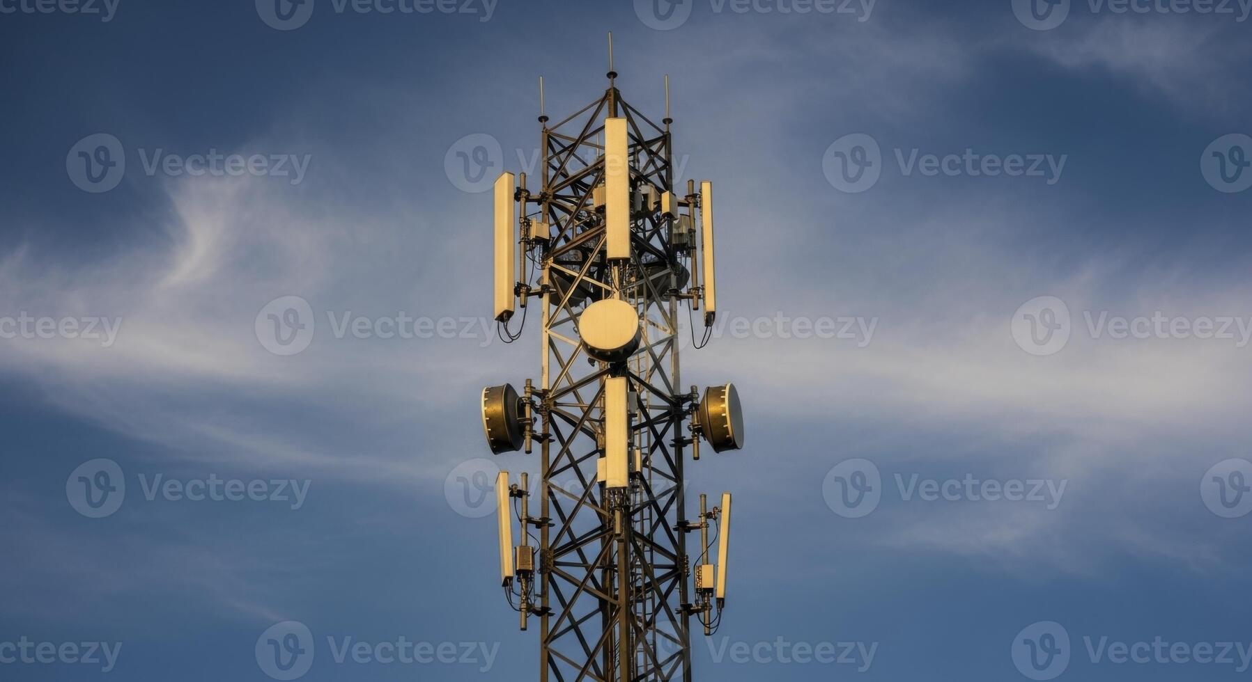Communication Tower with Antennas Against Blue Sky for Global Network Connectivity photo
