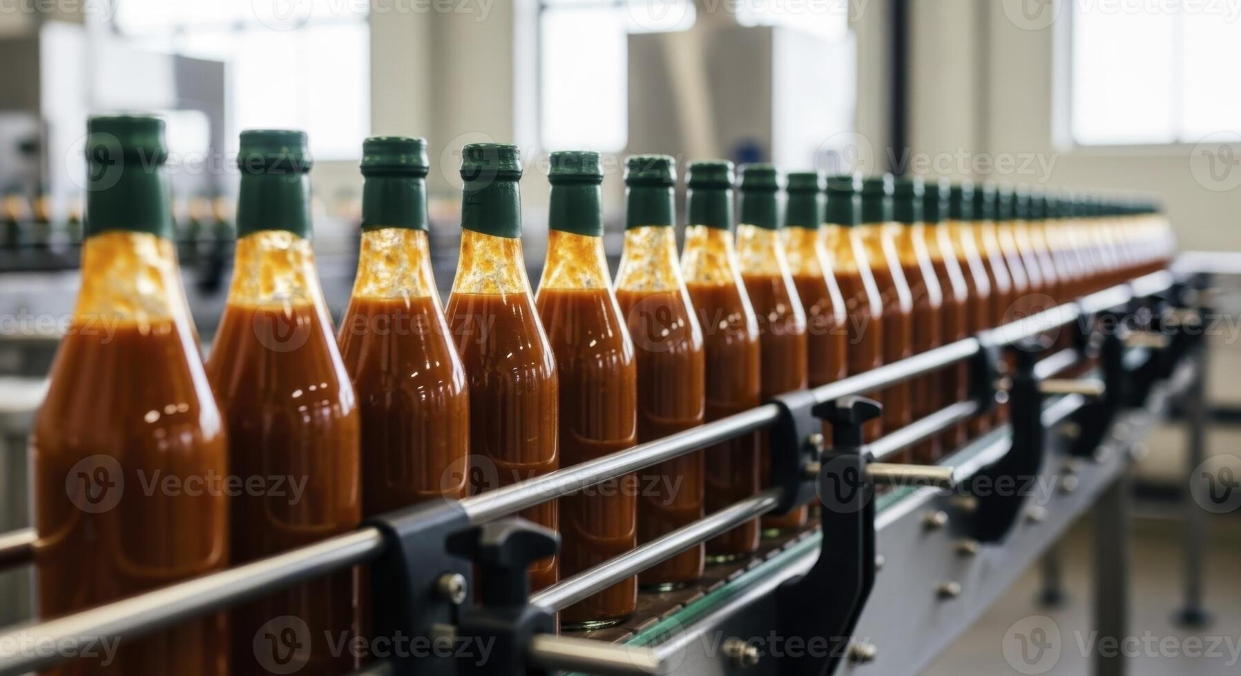 Automated production line with glass bottles of sauce moving on a conveyor belt in a factory photo
