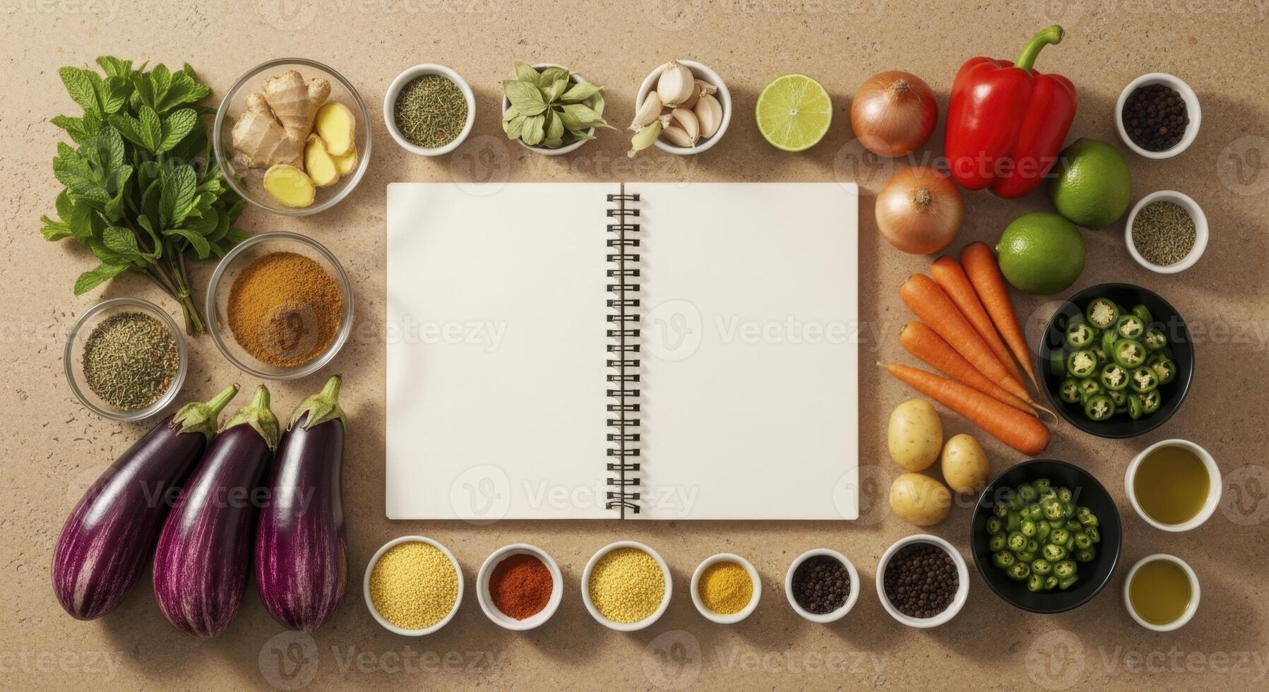 Fresh cooking ingredients and an open blank recipe notebook arranged for meal preparation photo