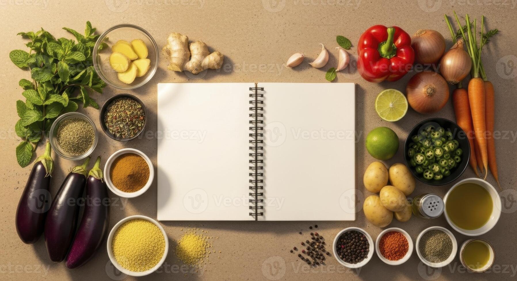 Fresh Cooking Ingredients and Blank Recipe Notebook on Kitchen Counter for Culinary Preparation photo
