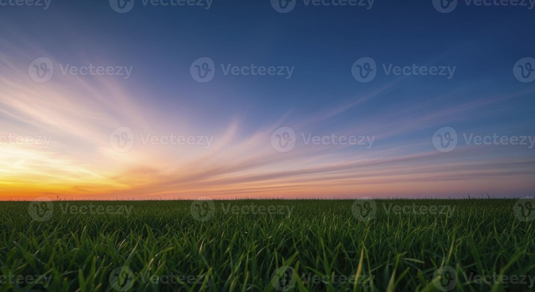Vast green field under a vibrant sunset sky with colorful clouds at dusk photo