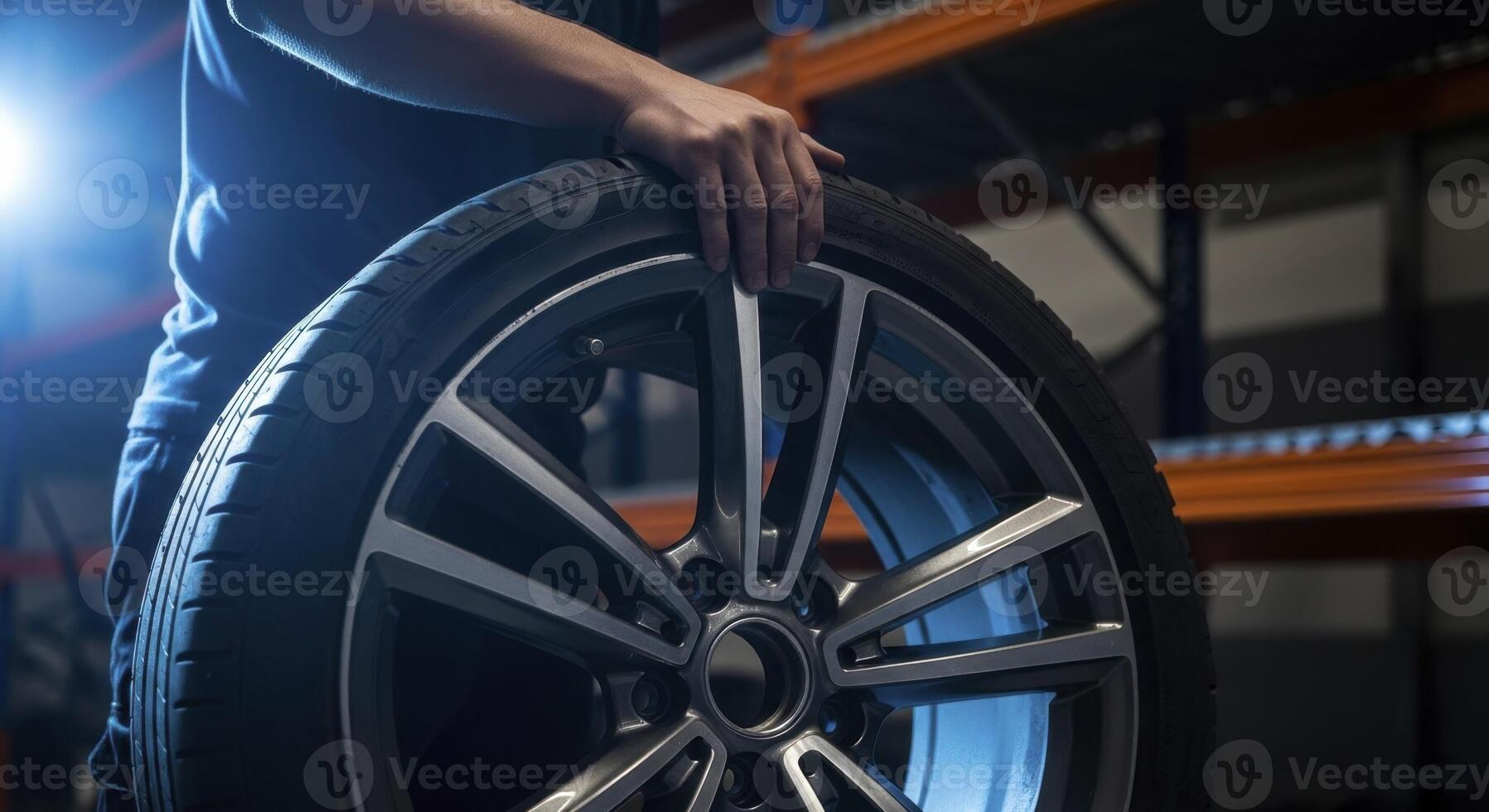 Man holding a modern car tire with alloy wheel in an automotive workshop photo