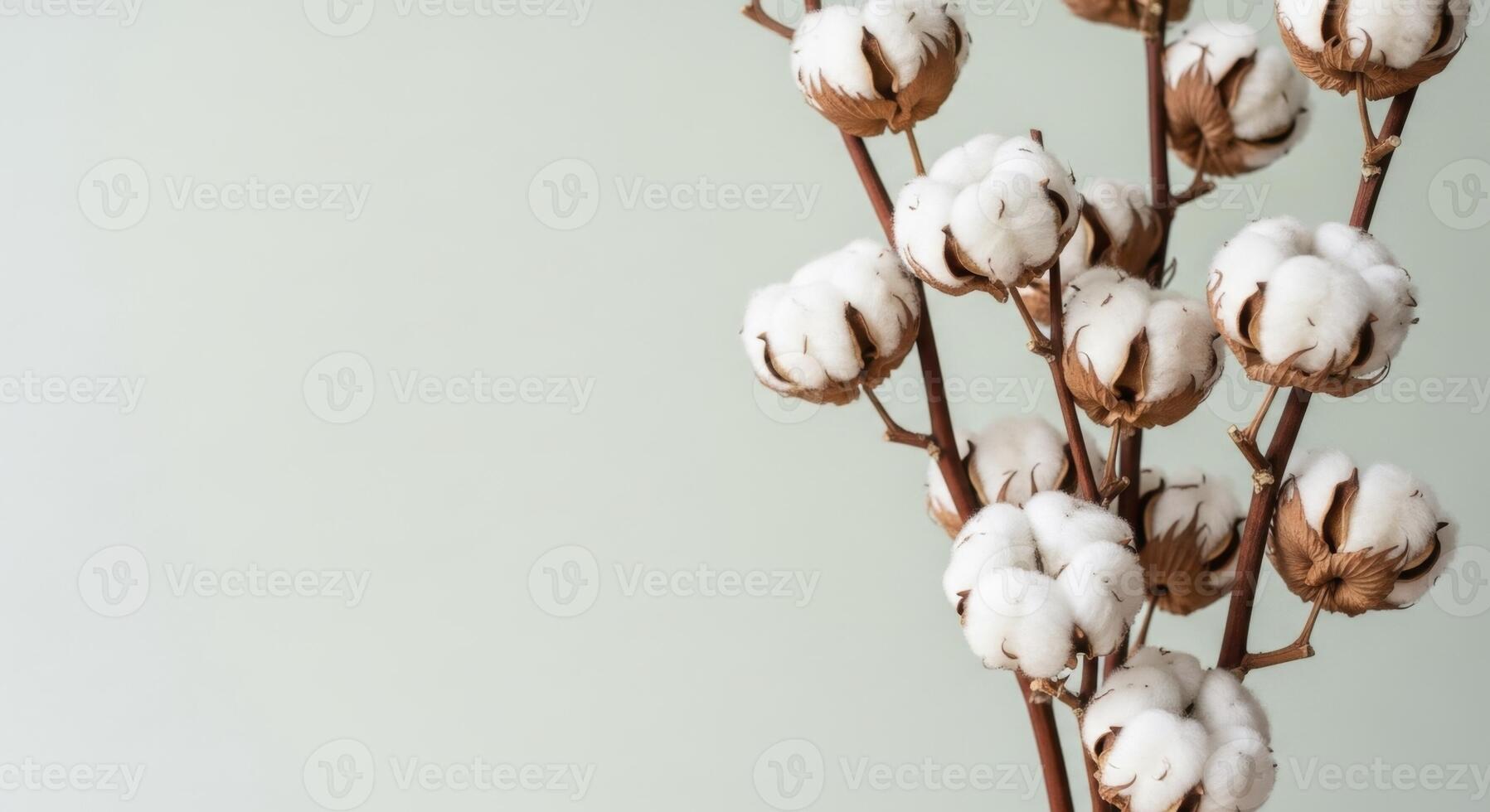 Close up of natural cotton branches with soft white bolls, symbolizing purity and comfort photo