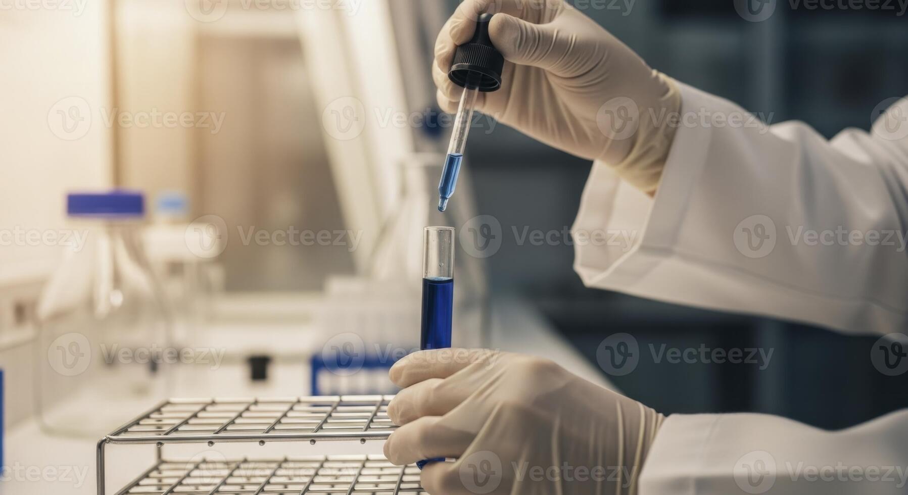 Scientist performing a chemical experiment in a laboratory with a dropper and test tube photo