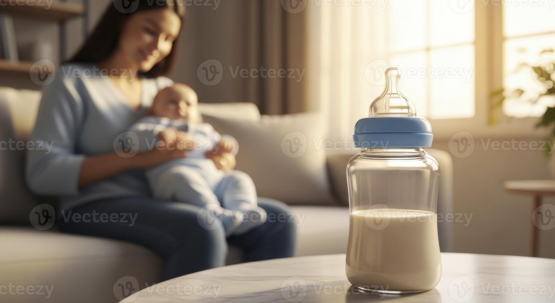 Baby Bottle with Milk on Table and Mother Holding Infant in Blurred Background photo
