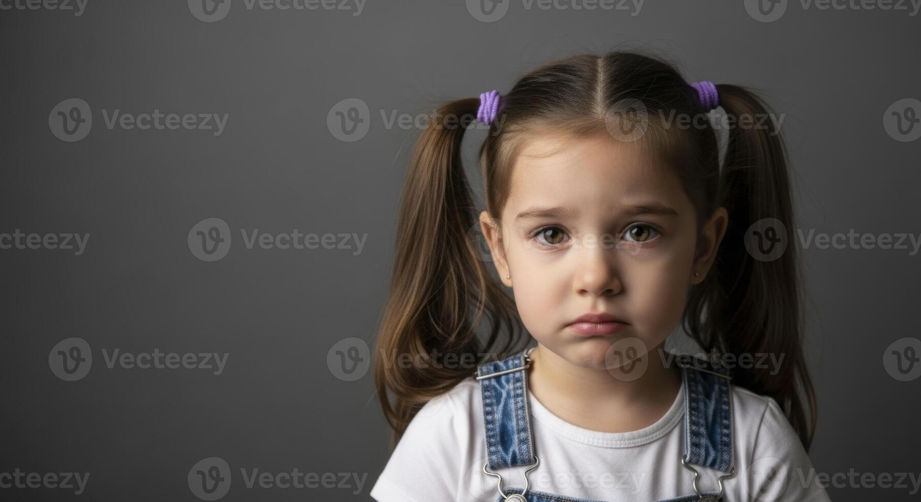 Sad little girl with pigtails and denim overalls expressing unhappiness and disappointment. photo