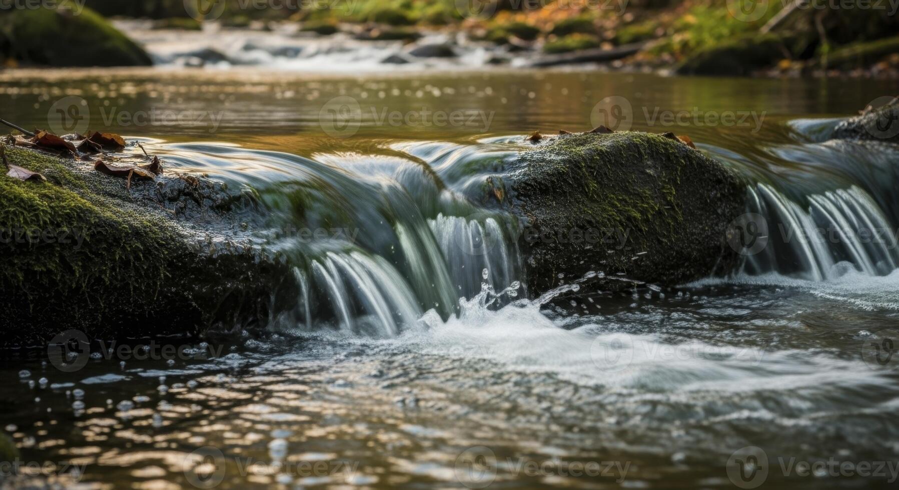 Gentle cascade of water flowing over mossy rocks in a serene forest stream photo
