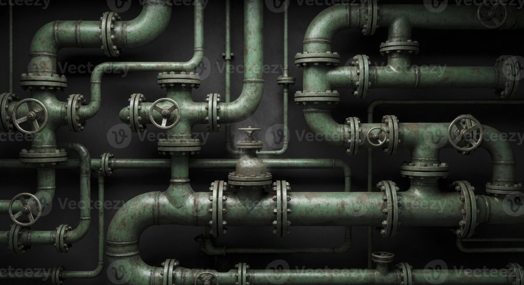 Complex network of aged industrial pipes with valves and flanges on a dark background photo