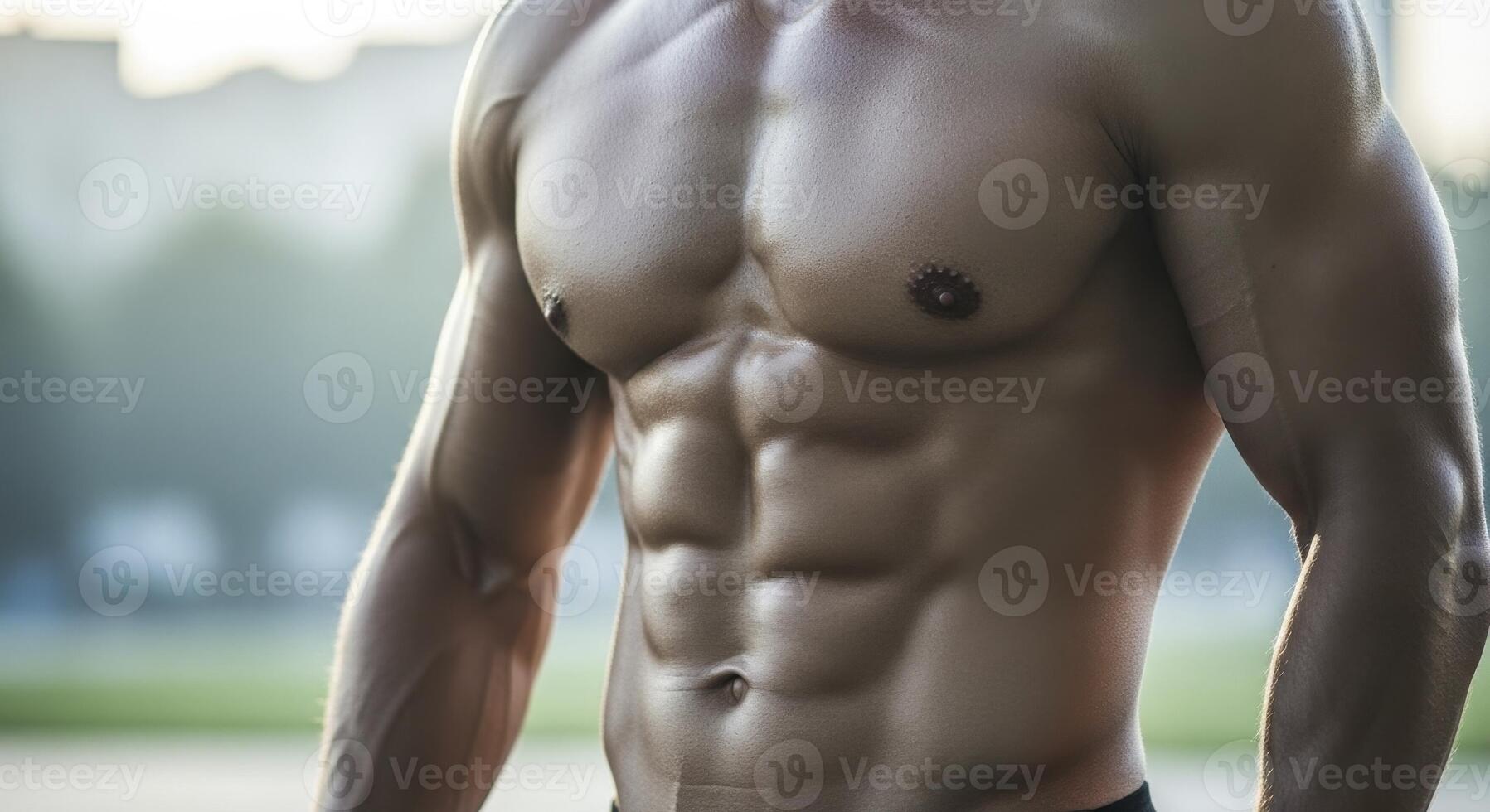 Close up of a muscular male torso with defined abs, showcasing strength and fitness photo