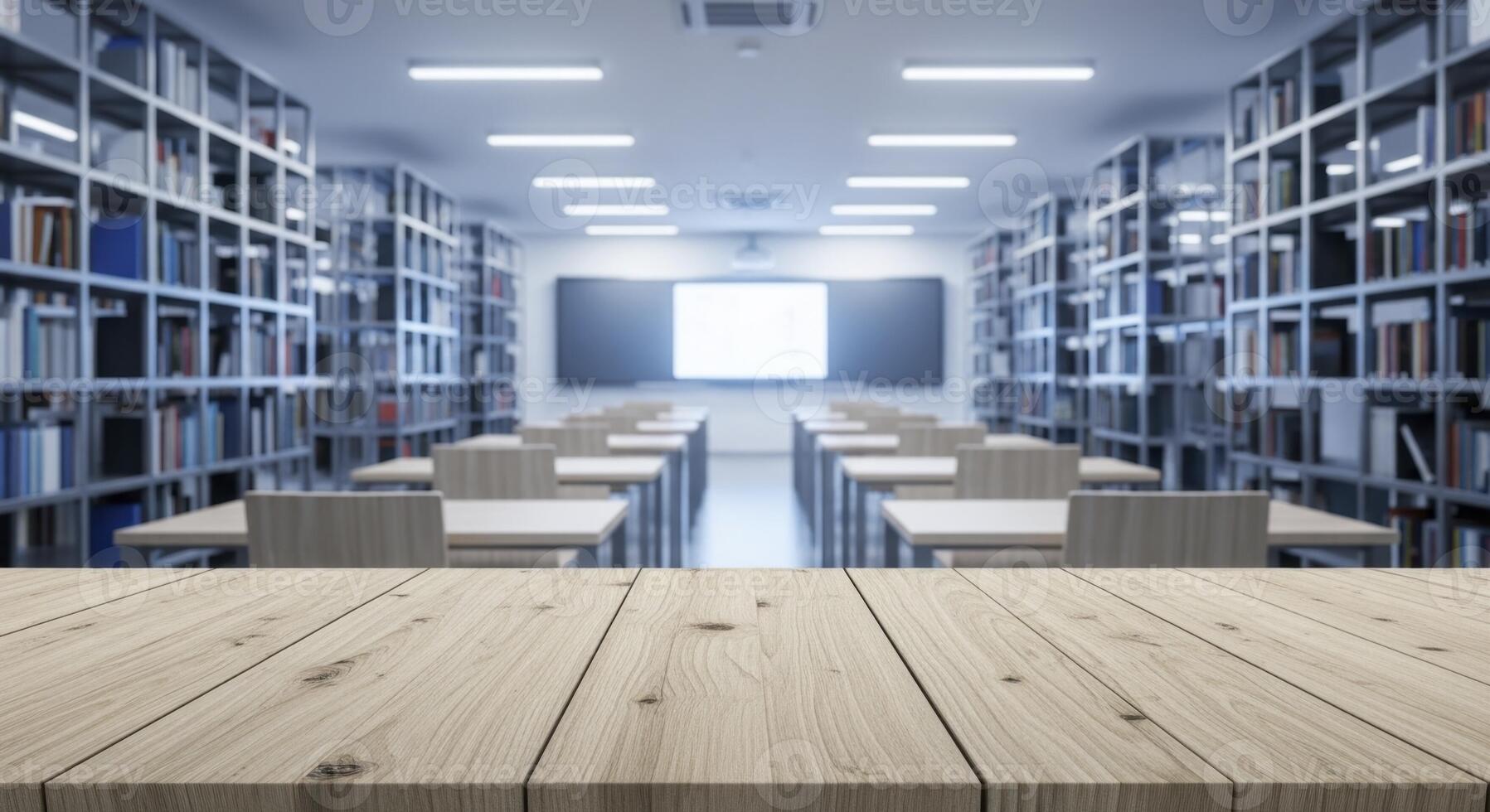 Empty Wooden Table Surface with Blurred Modern Classroom and Library Background photo