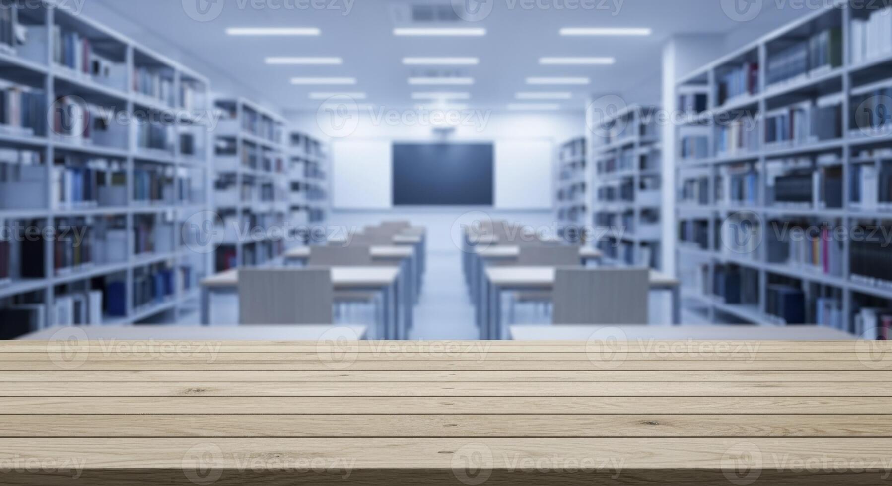 Empty Wooden Table with Blurred Library or Classroom Background for Product Display photo