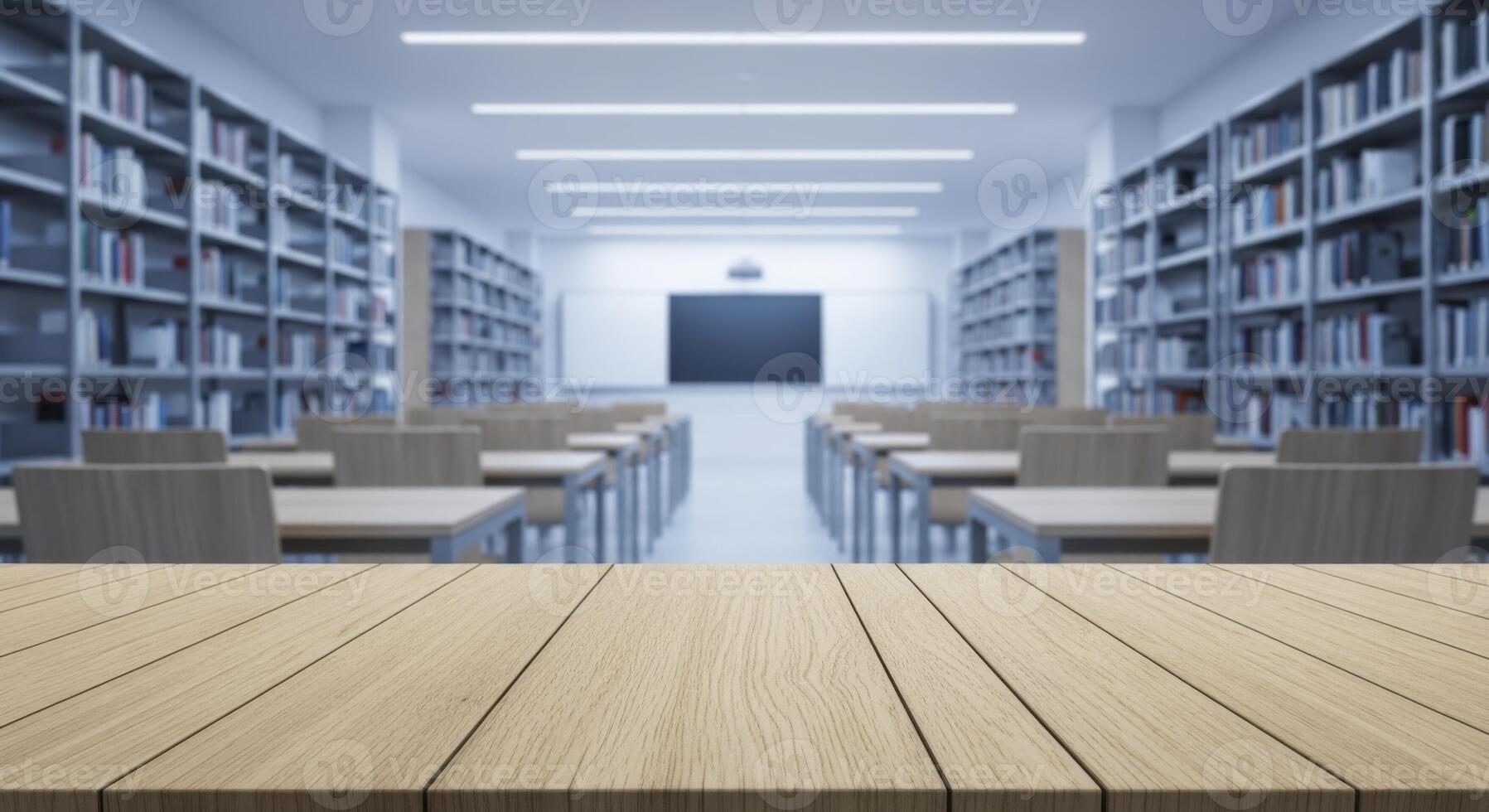 Empty wooden table in foreground with blurred modern library or classroom background photo