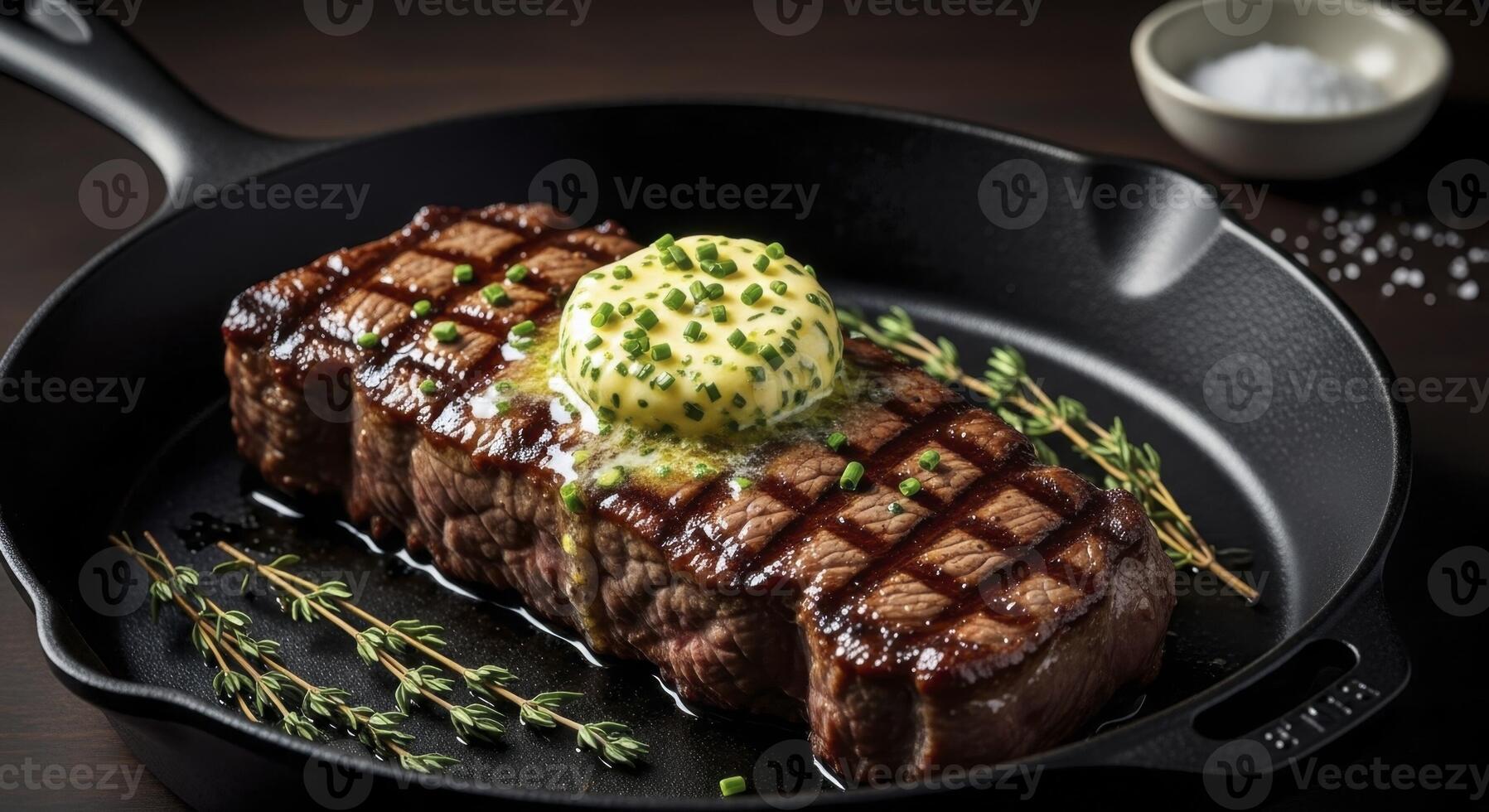 Perfectly Grilled Steak with Melting Herb Butter and Fresh Chives in a Cast Iron Skillet photo