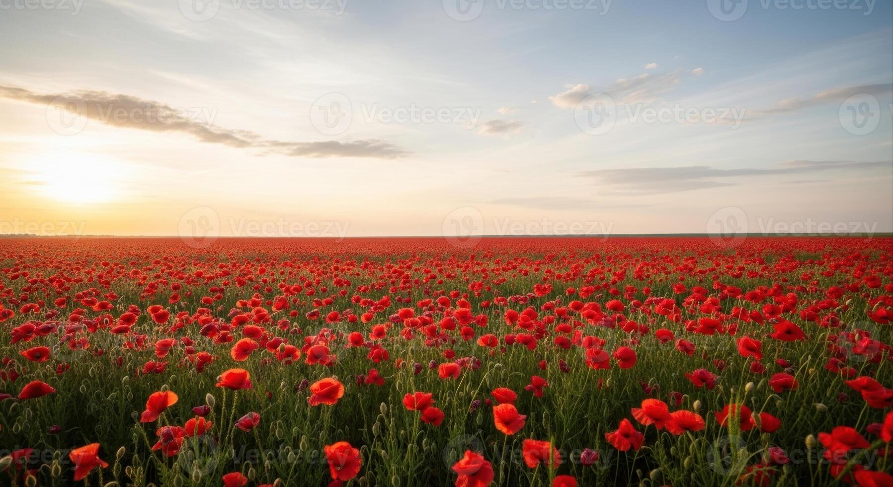 Vast Red Poppy Field Stretching to the Horizon Under a Golden Sunset Sky photo