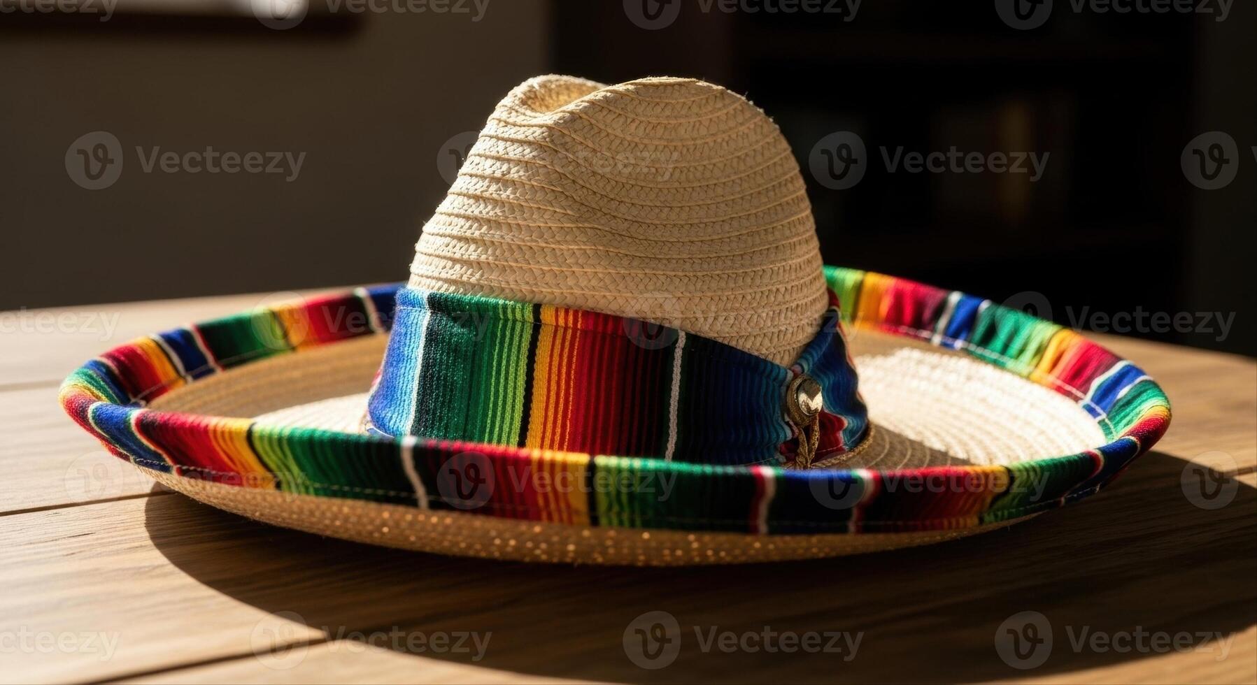 Traditional Mexican Sombrero with Colorful Serape Band on a Wooden Table photo