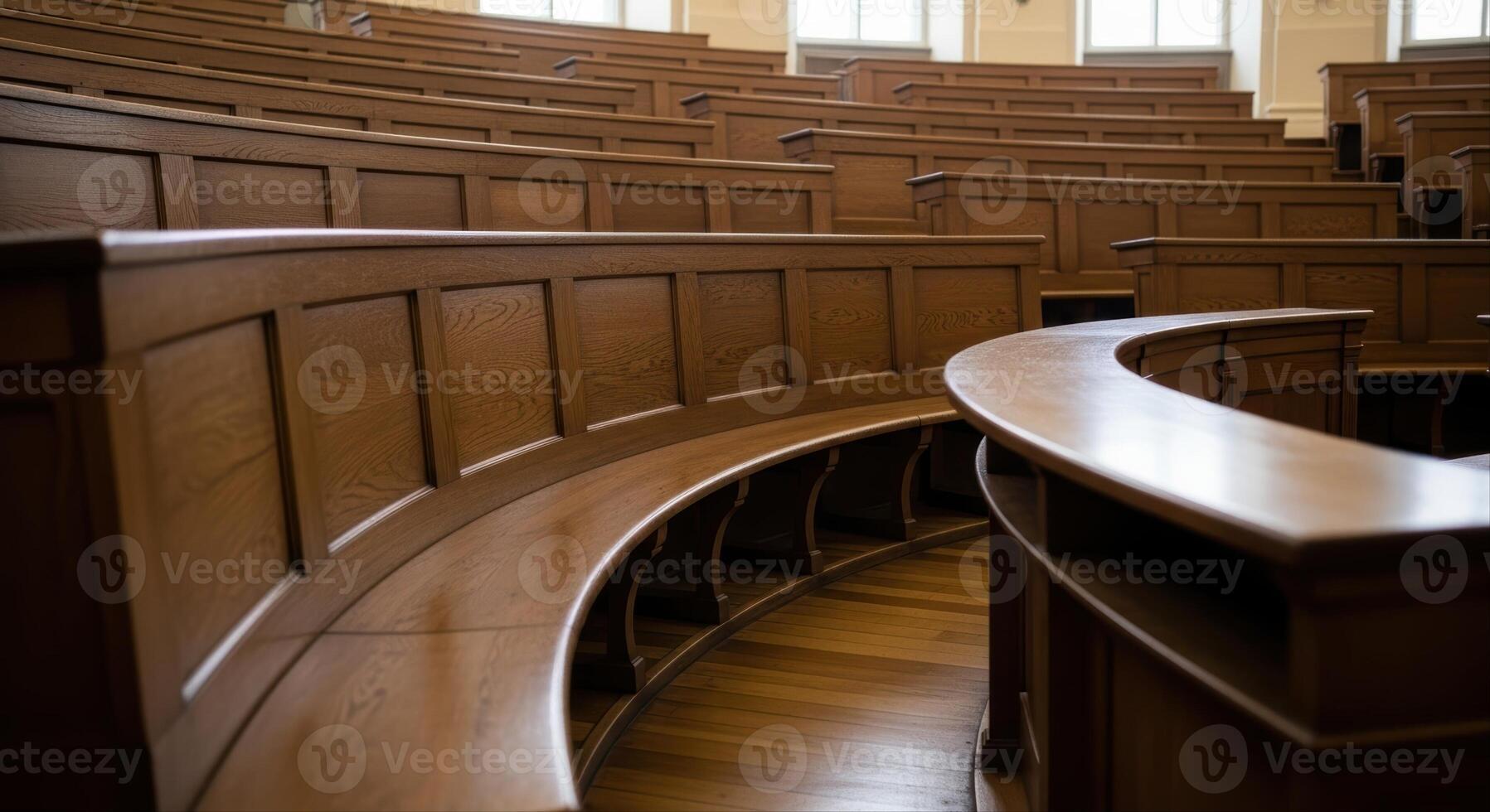 Classic empty lecture hall with curved wooden benches and tiered seating for academic events photo
