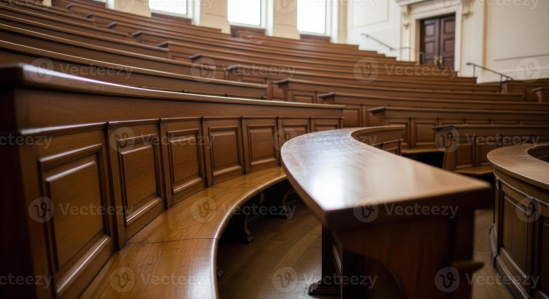Classic empty lecture hall with tiered wooden seating and elegant architectural details photo