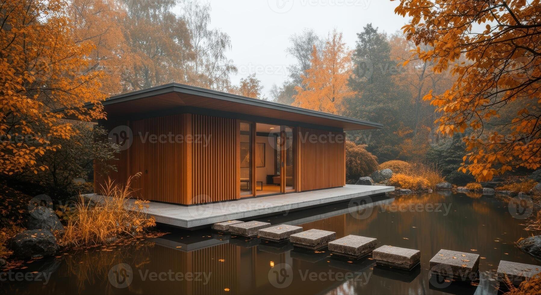 Modern Wooden Pavilion by Tranquil Pond with Stepping Stones and Autumn Foliage photo