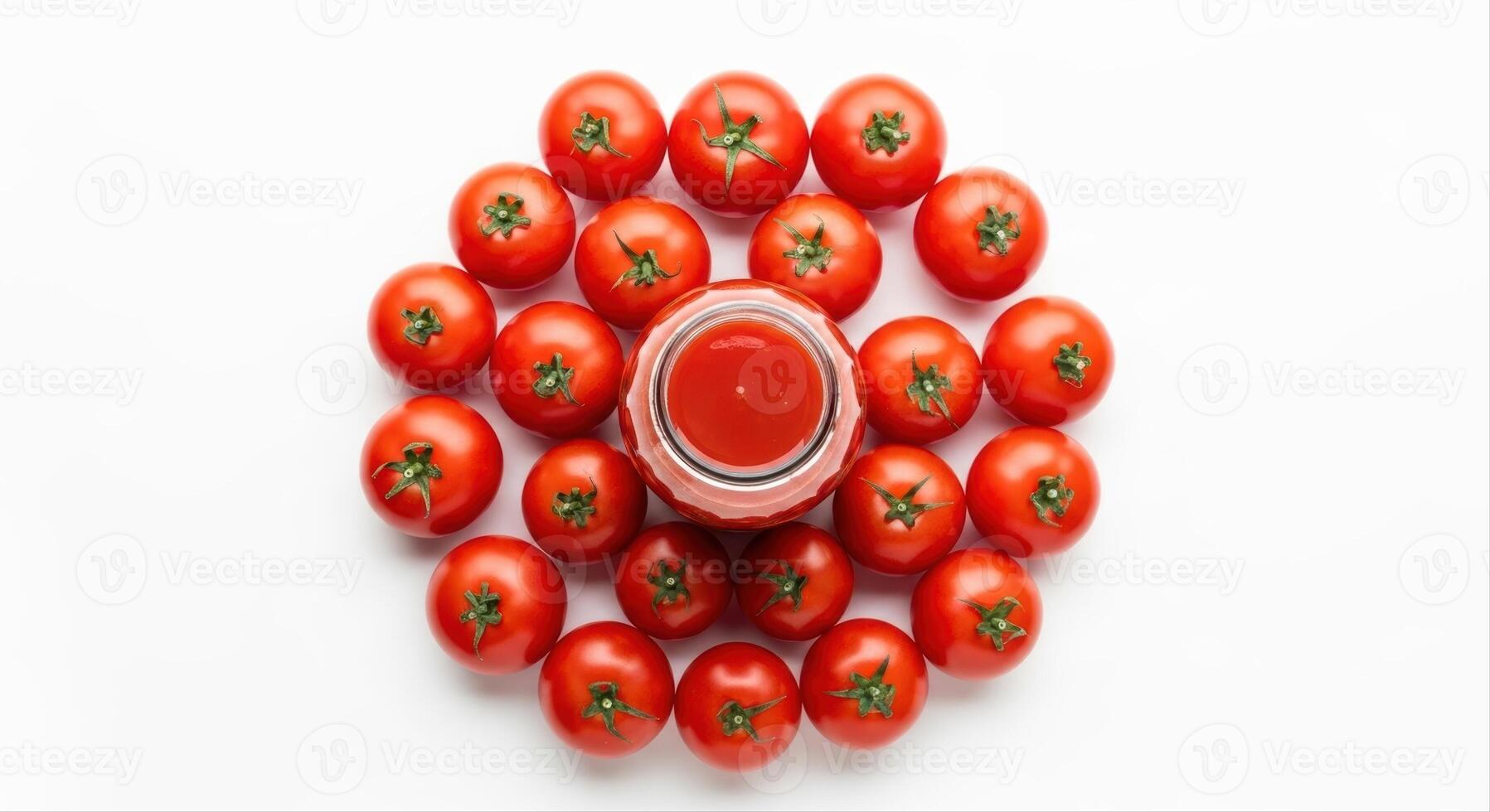 Vibrant red tomato juice in a glass bottle surrounded by fresh ripe tomatoes arranged in a circle photo