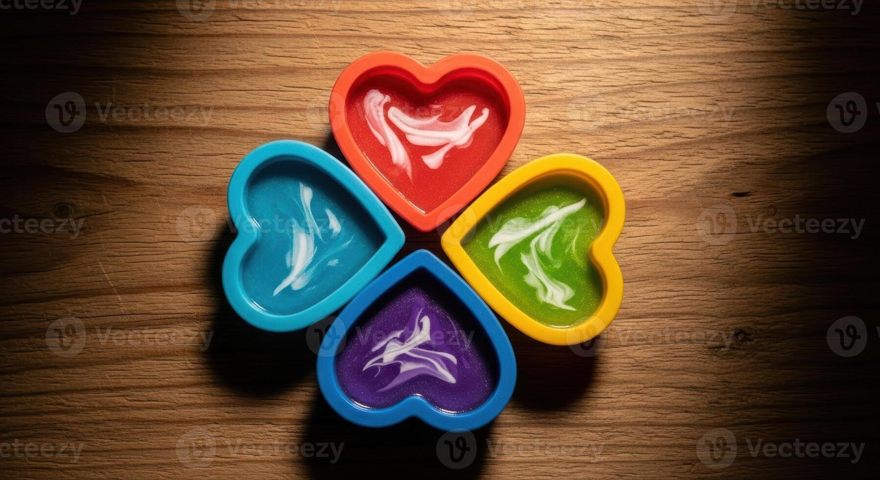 Vibrant heart shaped silicone molds with melted chocolate on a rustic wooden surface. photo