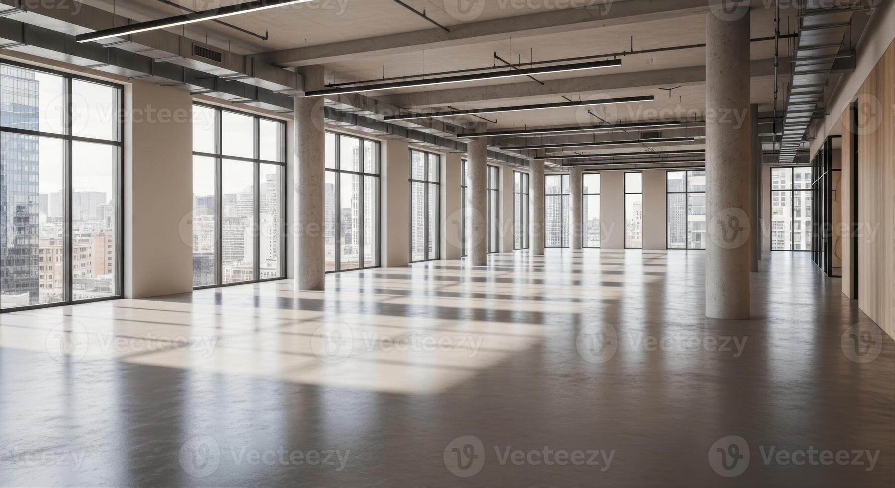 Modern empty open plan office space with large windows and city view photo