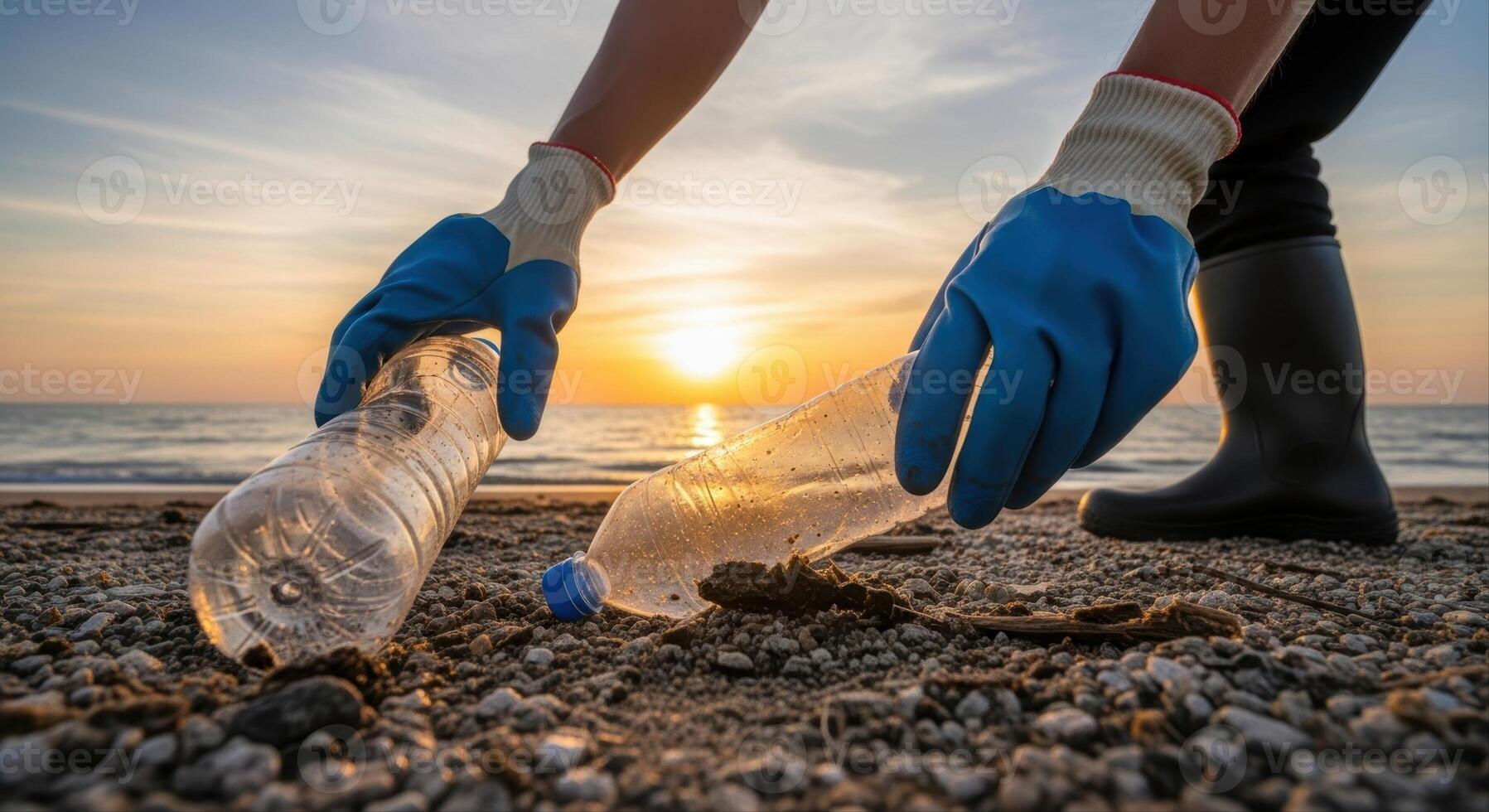Volunteer hands in blue gloves picking up plastic bottles from a polluted beach at sunset photo