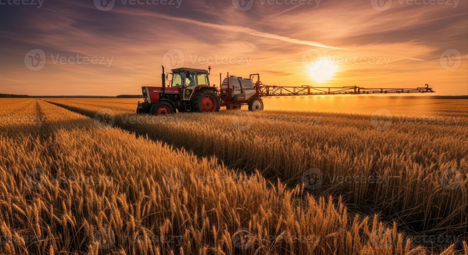 Agricultural tractor with sprayer working in a golden wheat field at sunset photo
