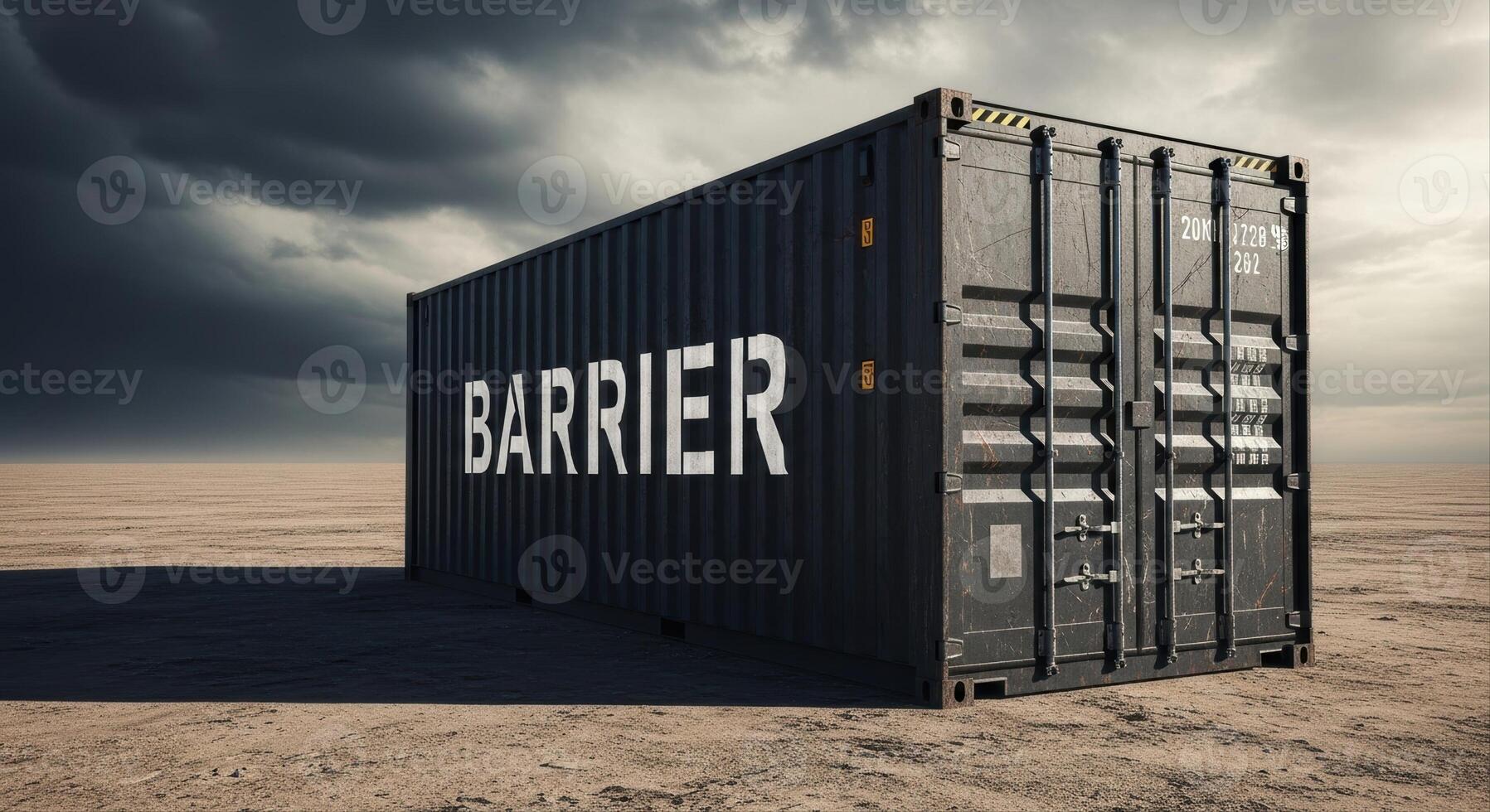 Solitary dark grey cargo container with BARRIER text in a vast desolate desert under stormy sky photo