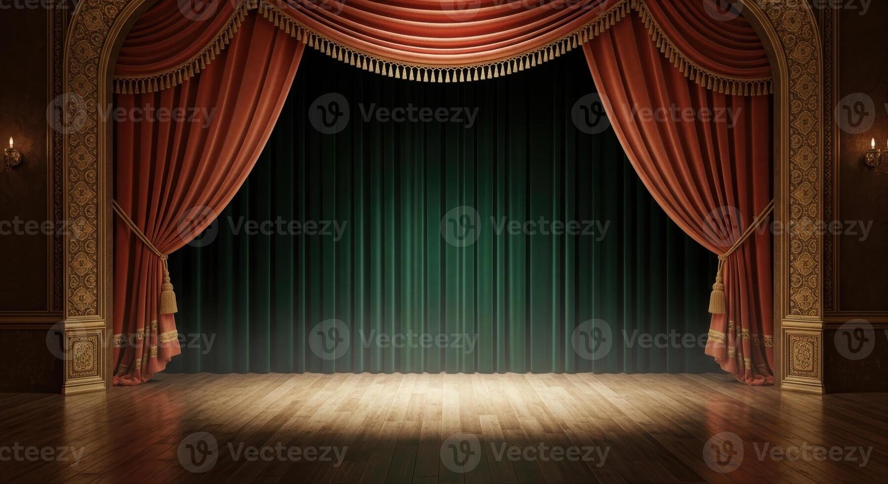 Empty classic theater stage with red velvet curtains and illuminated wooden floor photo