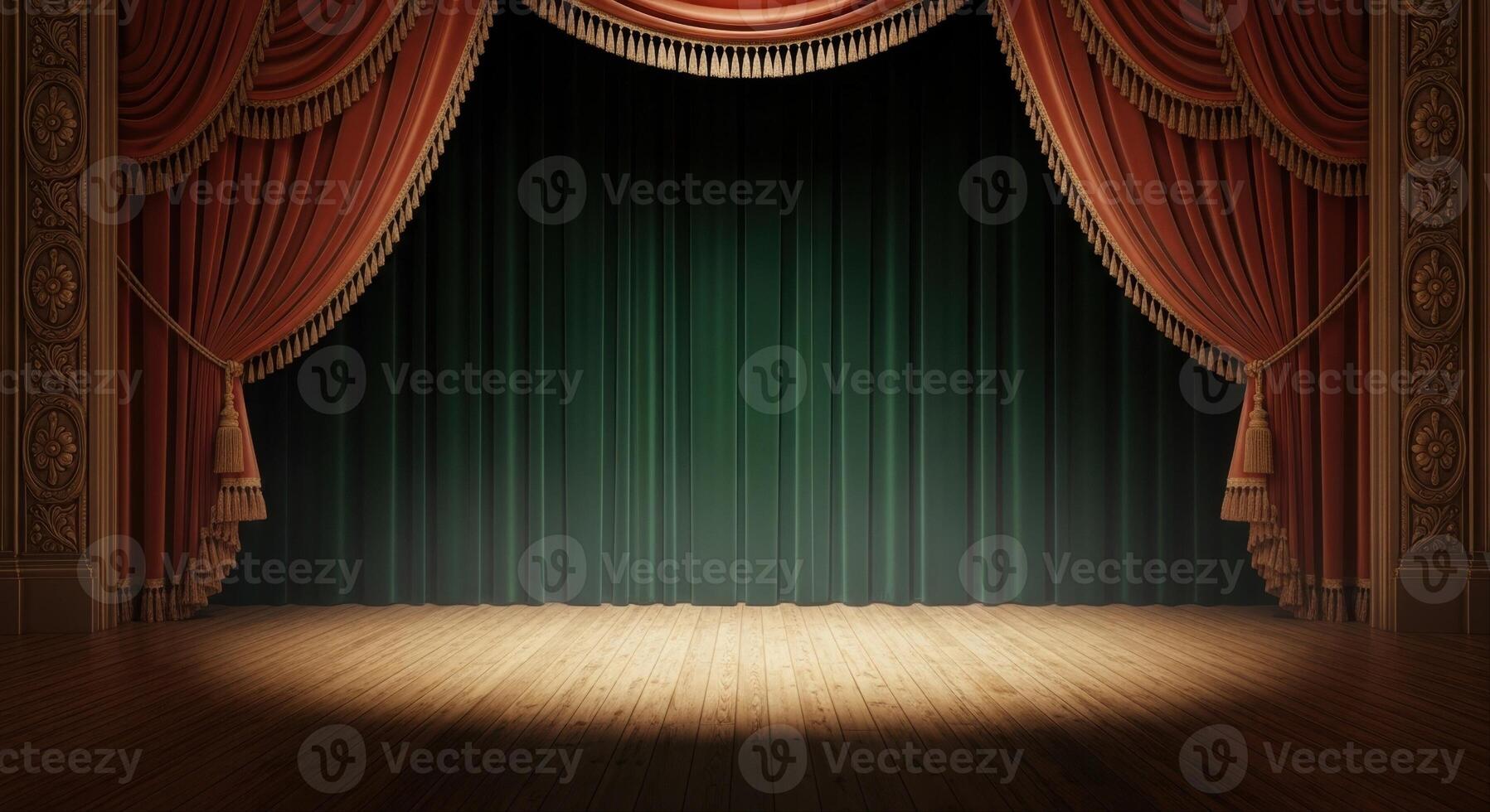 Empty Theater Stage with Red Velvet Curtains and Spotlight Ready for a Performance photo