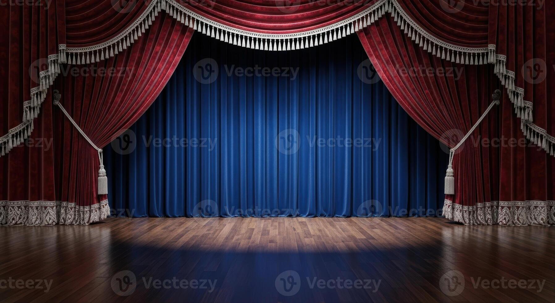 Empty vintage theater stage with red velvet curtains, blue backdrop, and polished wooden floor photo
