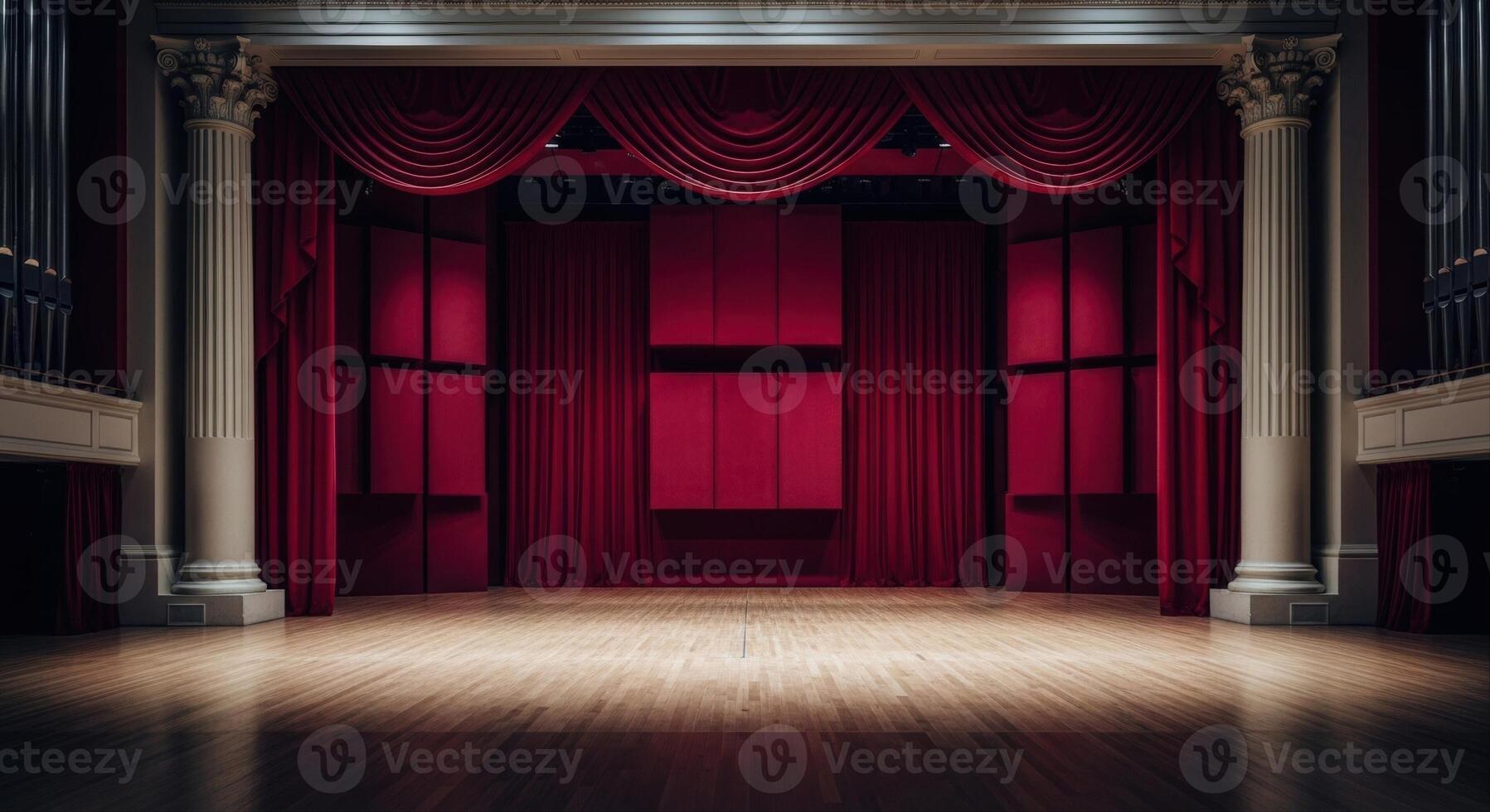 Empty Grand Concert Hall Stage with Red Curtains and Polished Wooden Floor photo