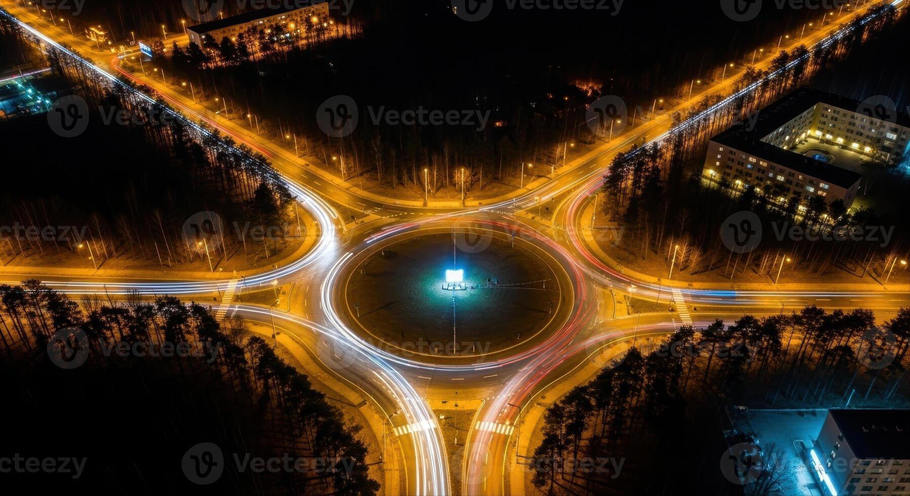 Aerial long exposure of a busy city roundabout at night with vibrant vehicle light trails photo