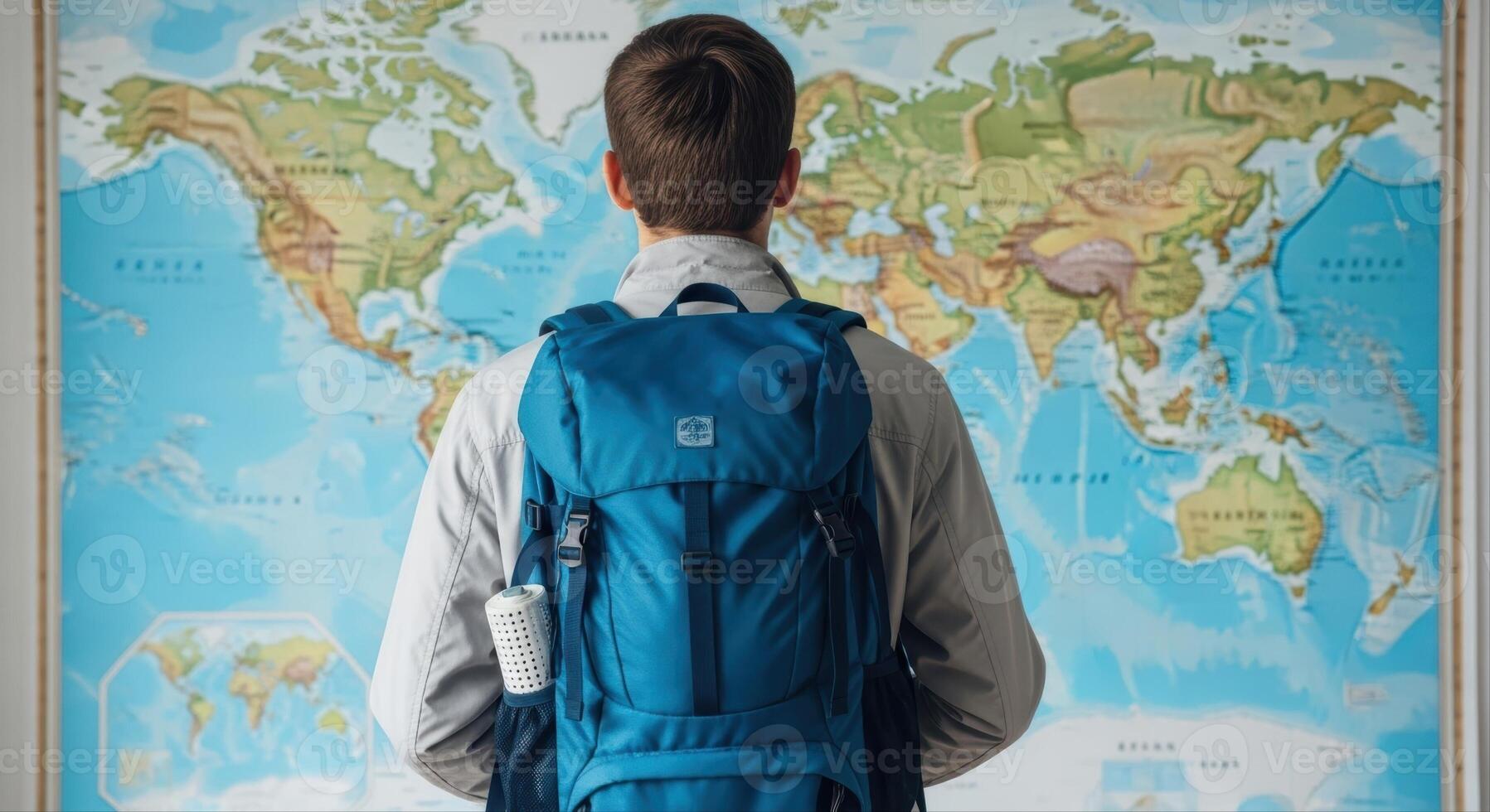 Young man with a blue backpack standing in front of a world map, contemplating travel photo