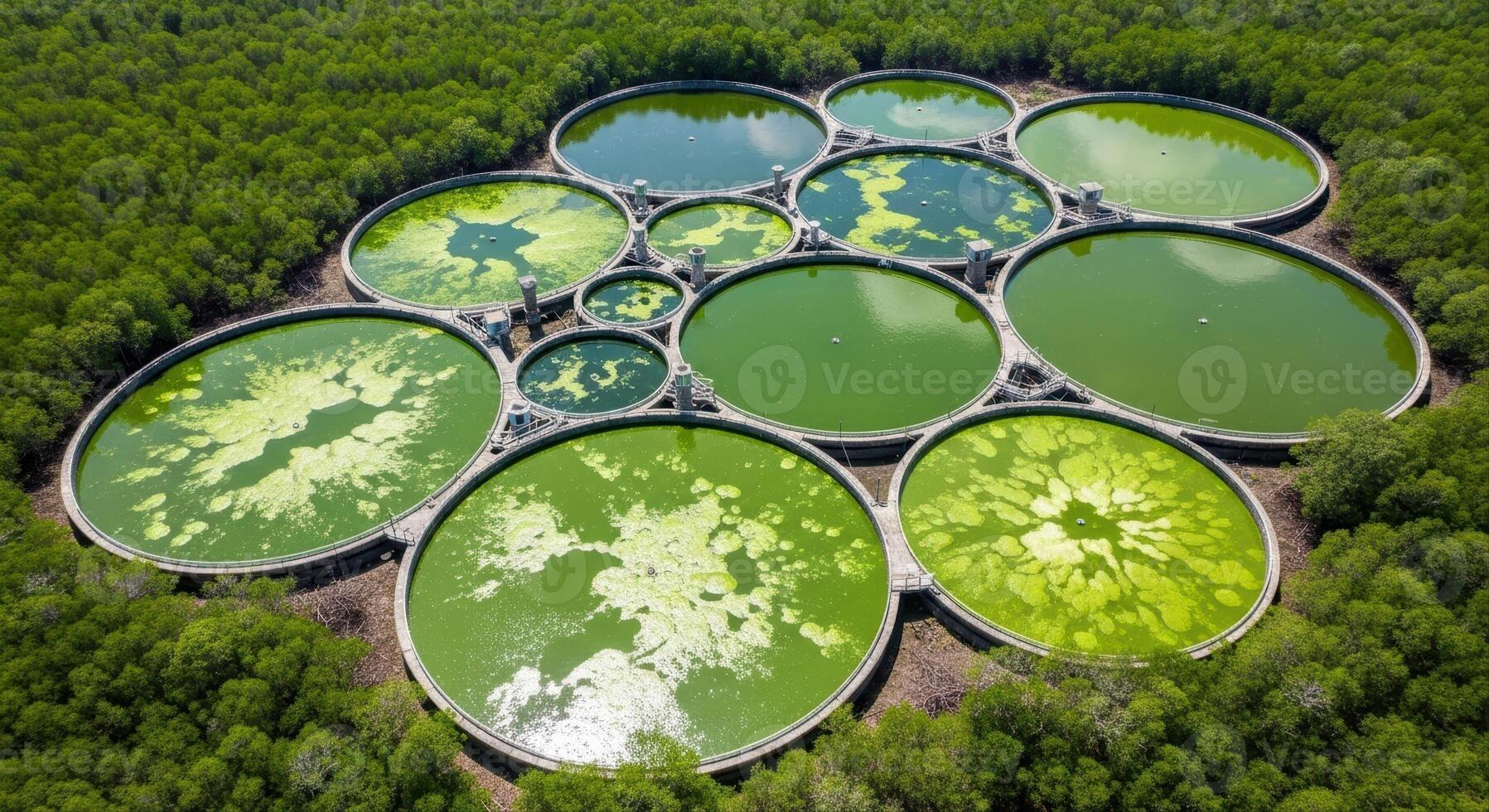 Aerial view of a large scale sustainable algae farm with interconnected circular ponds photo