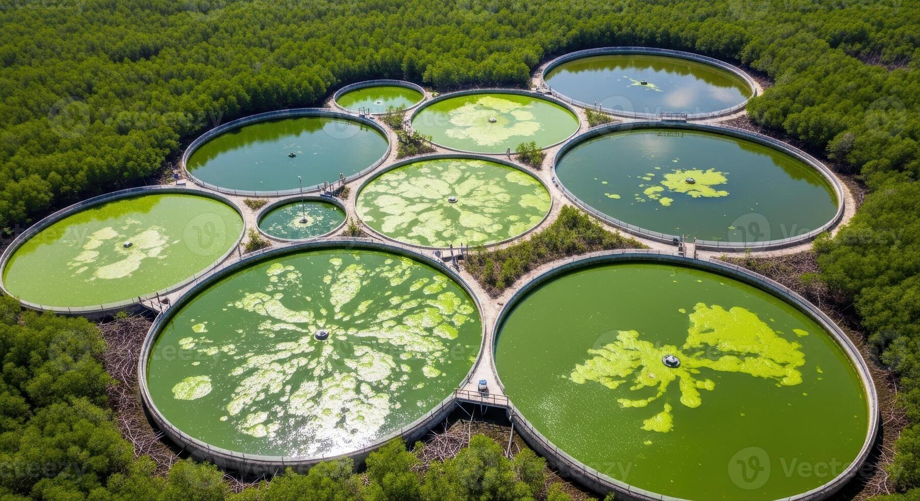 Sustainable Algae Farm with Interconnected Circular Ponds in a Green Forest Aerial View photo