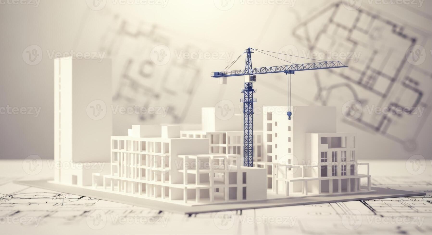 Architectural Model of a Modern Building Complex Under Construction with a Tower Crane photo