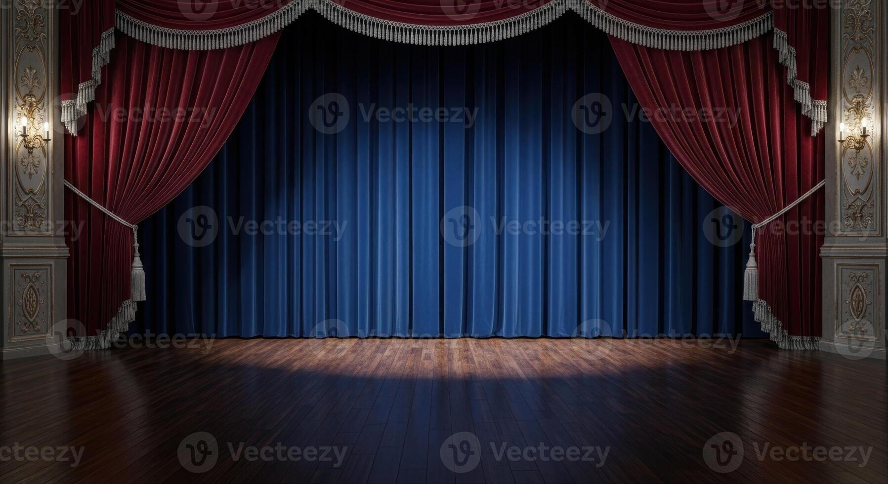 Empty Vintage Theater Stage with Red Velvet Curtains and Blue Backdrop Illuminated by Spotlight photo