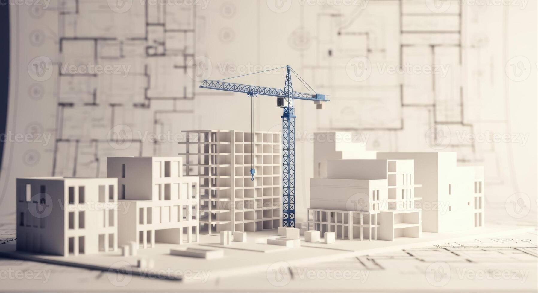Architectural model of a building under construction with a crane and blueprints photo
