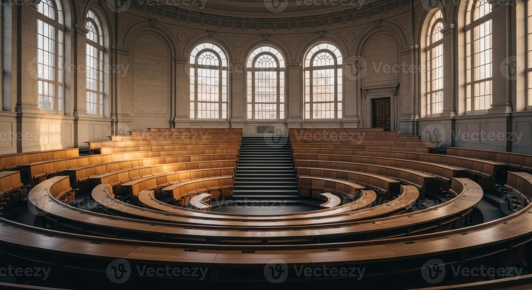 Grand empty lecture hall with tiered wooden benches and large arched windows photo