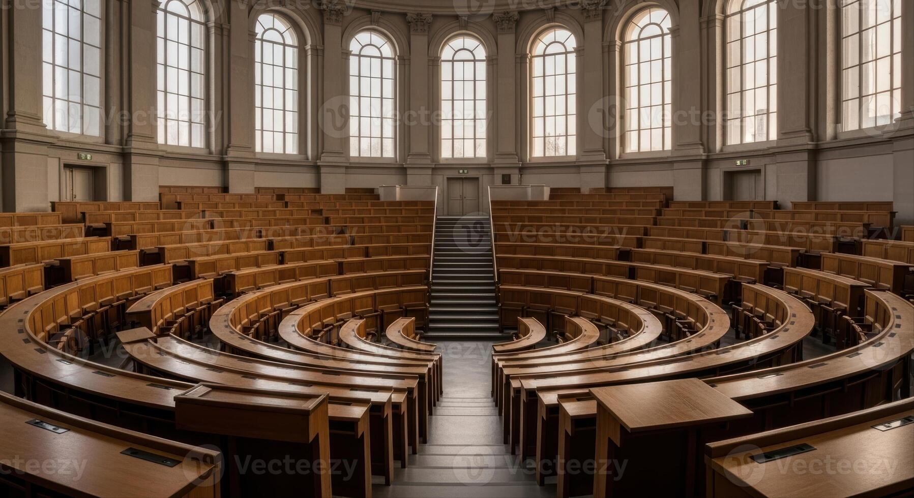 Empty Grand Lecture Hall with Curved Wooden Benches and Arched Windows photo