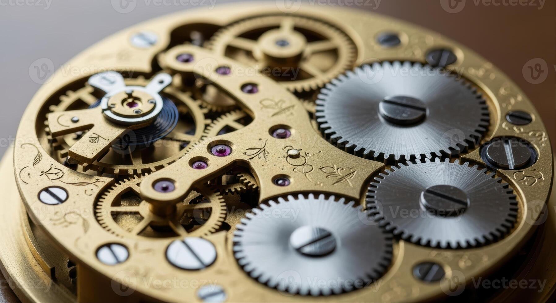 Intricate Antique Clockwork Mechanism with Brass Gears and Ruby Jewels in Close Up photo