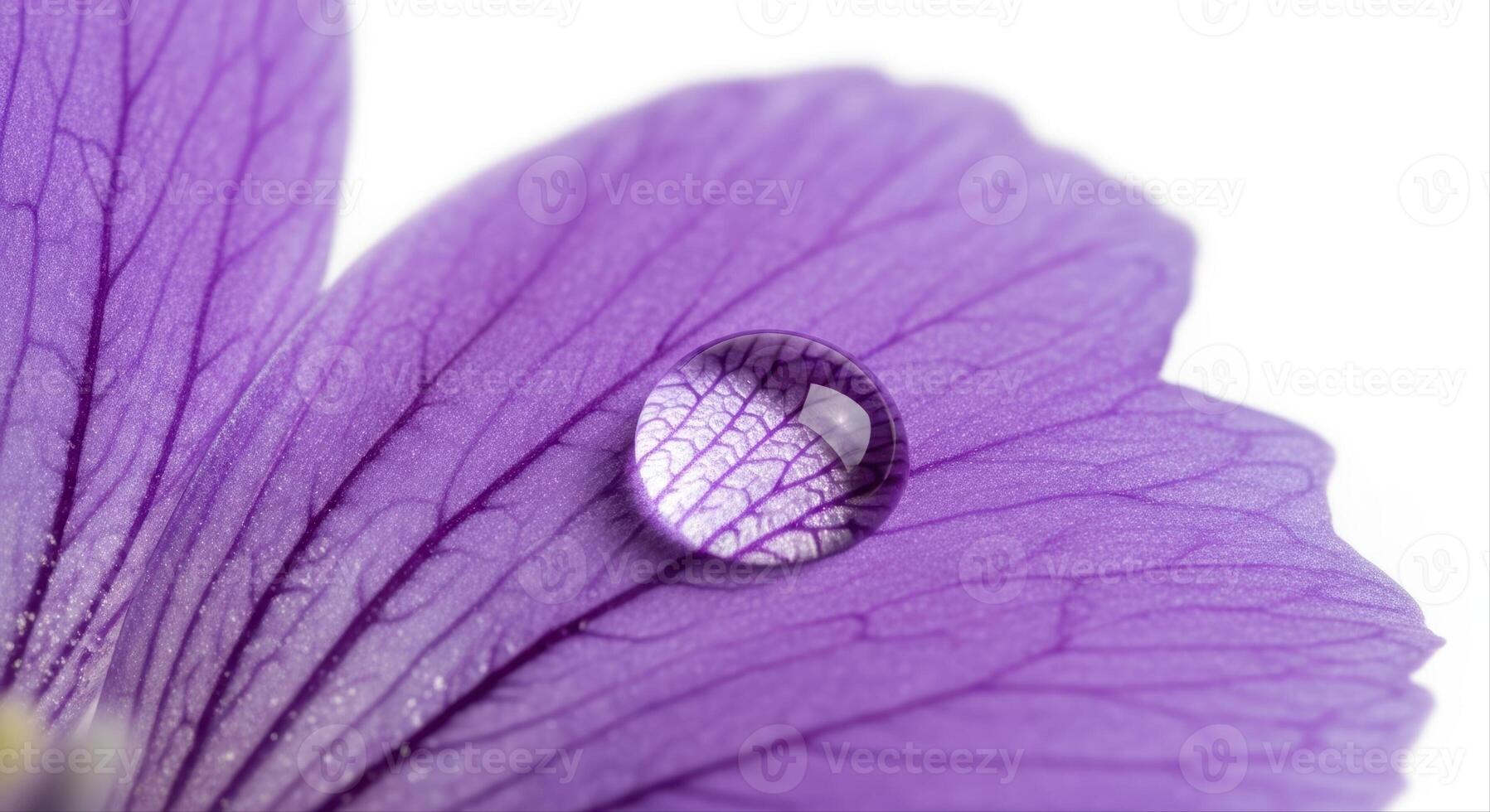 Vibrant purple flower petal with a clear water droplet showcasing intricate natural details photo