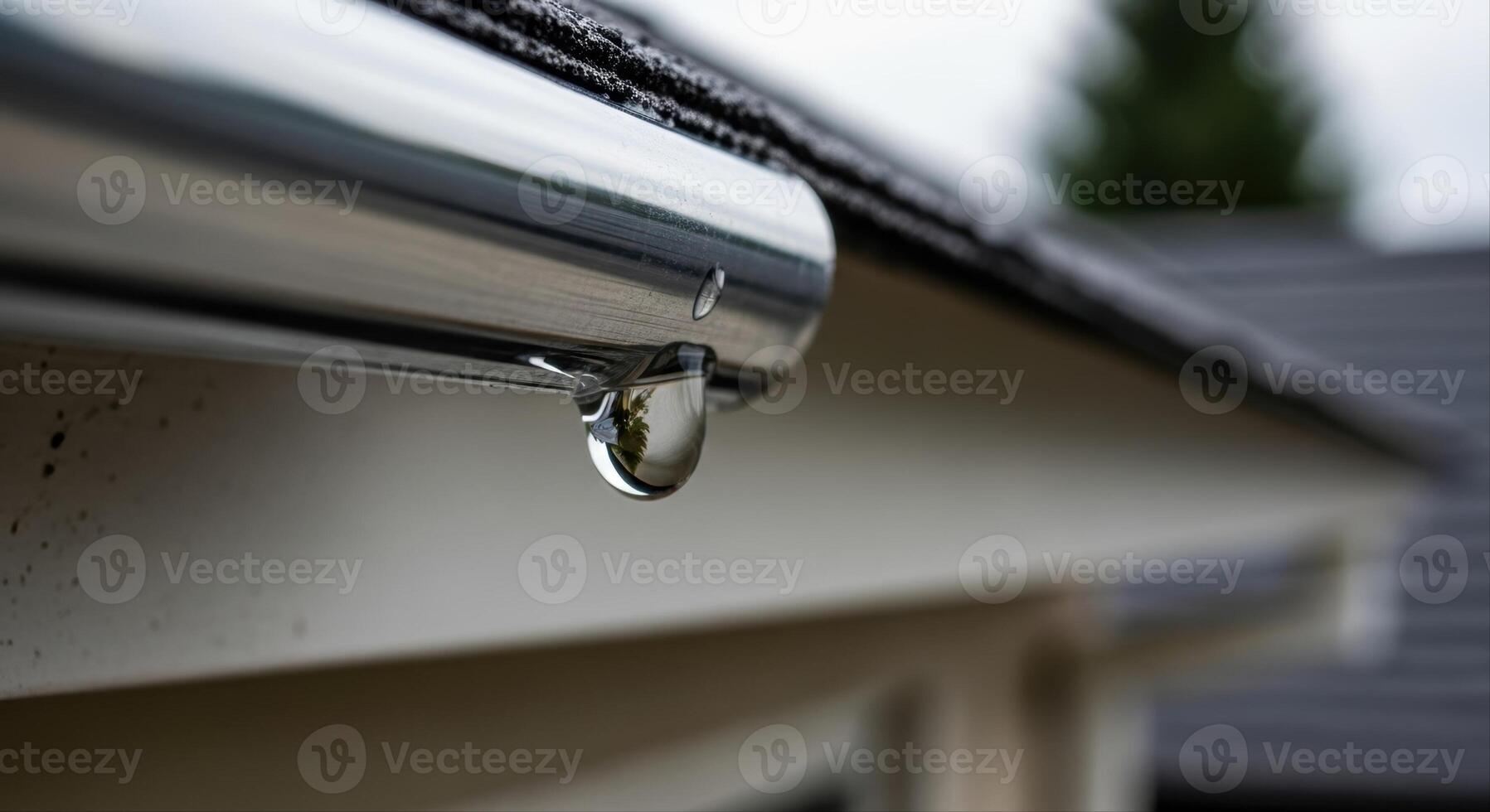 Perfect Water Droplet Hanging From a Shiny Metal Gutter After Rain photo