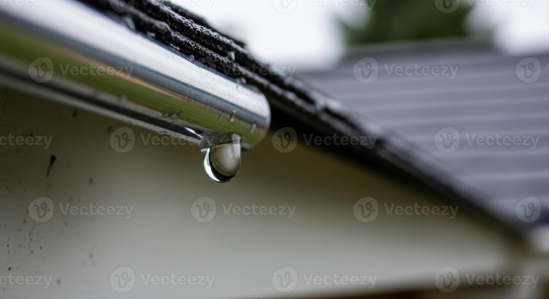 Close Up of a Water Droplet Hanging from a Metal Rain Gutter on a House Roof photo