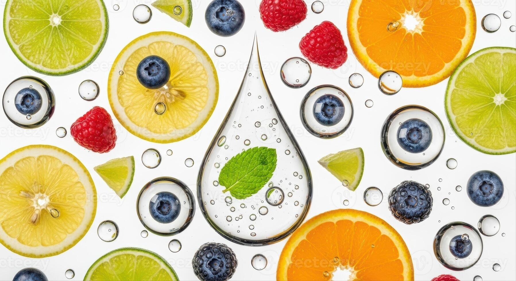 Vibrant Citrus Slices and Berries with Refreshing Water Droplets and Mint Leaf photo