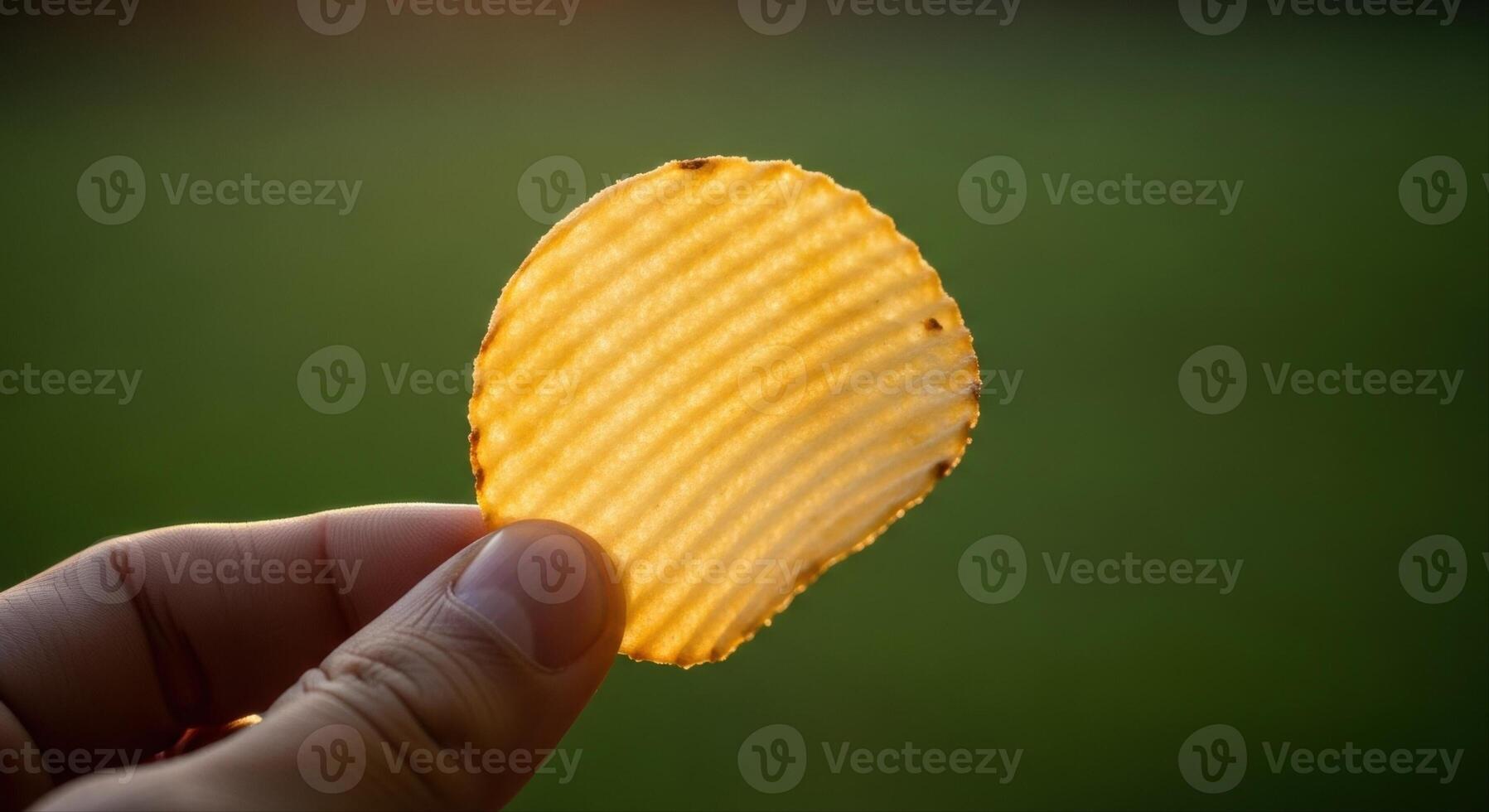 Close up of a hand holding a single golden rippled potato chip against a blurred green background photo
