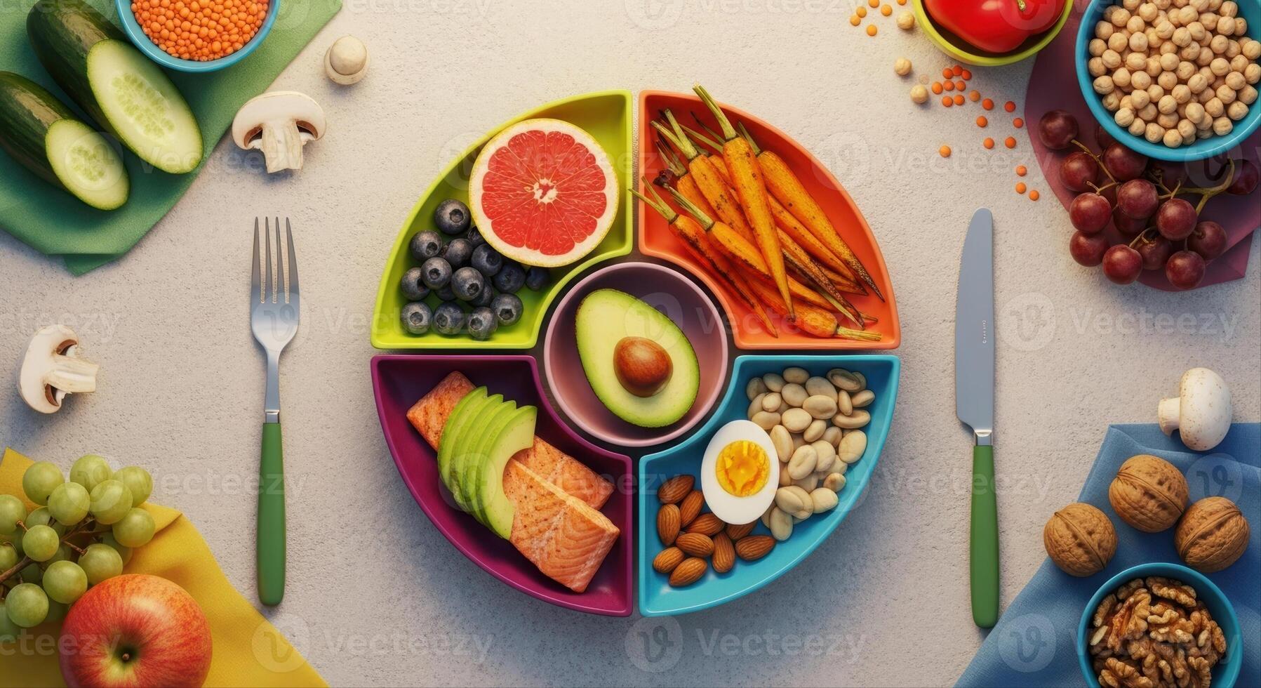 Colorful Segmented Plate with Balanced Healthy Foods for a Nutritious Diet photo