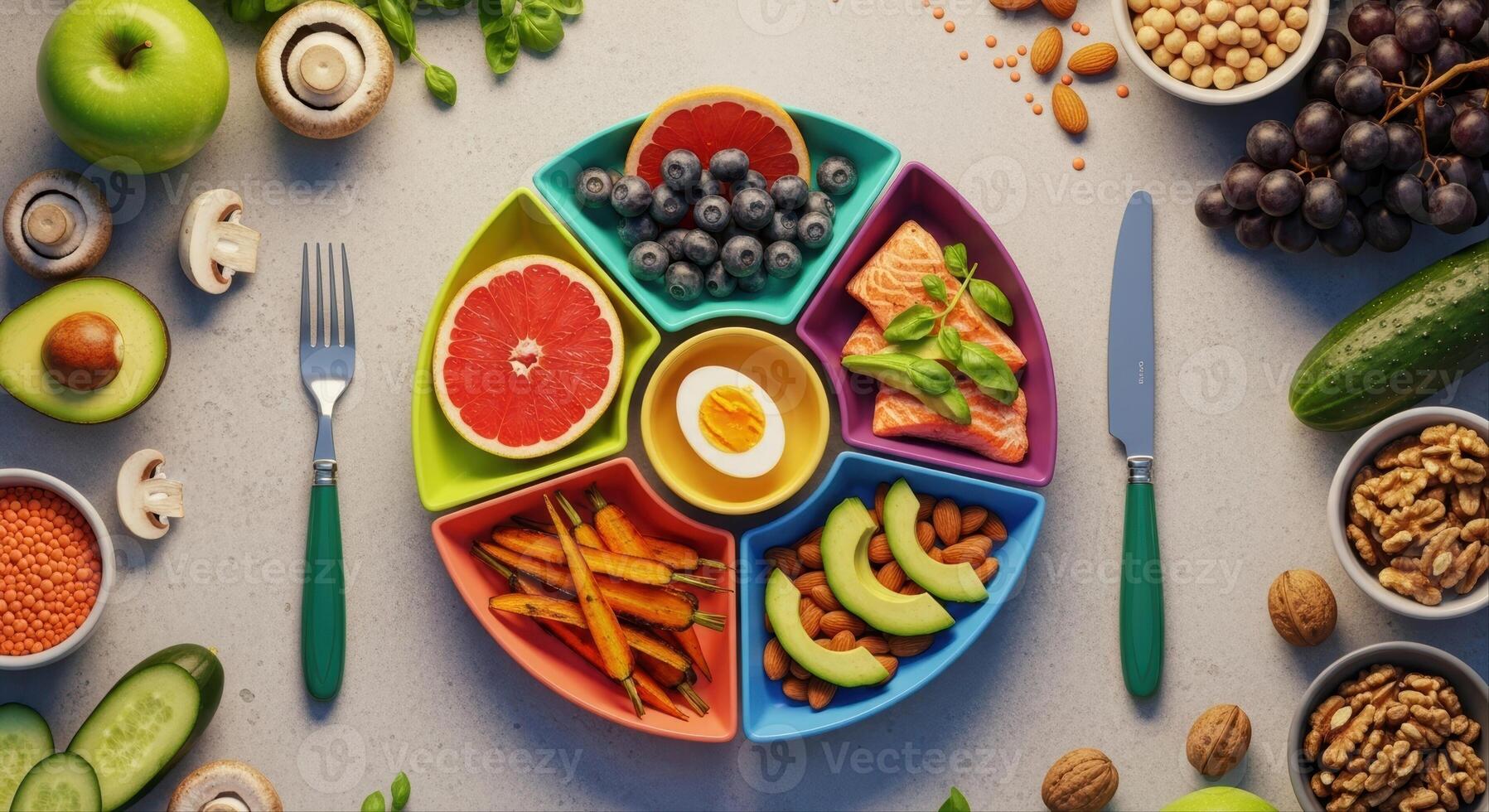Balanced healthy meal on a segmented plate with fresh fruits, vegetables, and protein photo