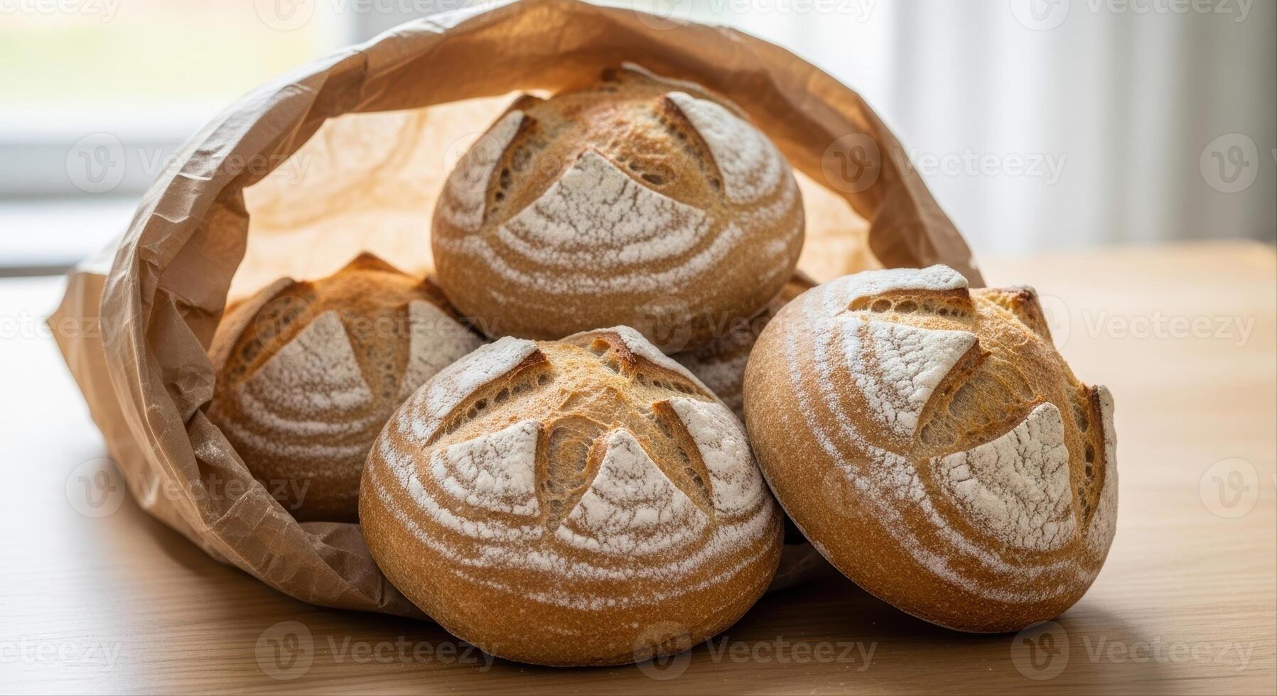 Freshly baked artisan sourdough bread rolls with rustic scoring in a brown paper bag photo